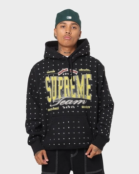Reinforced Shoulders Folder Supreme Rhinestone Hoodie Sweatshirt Black
