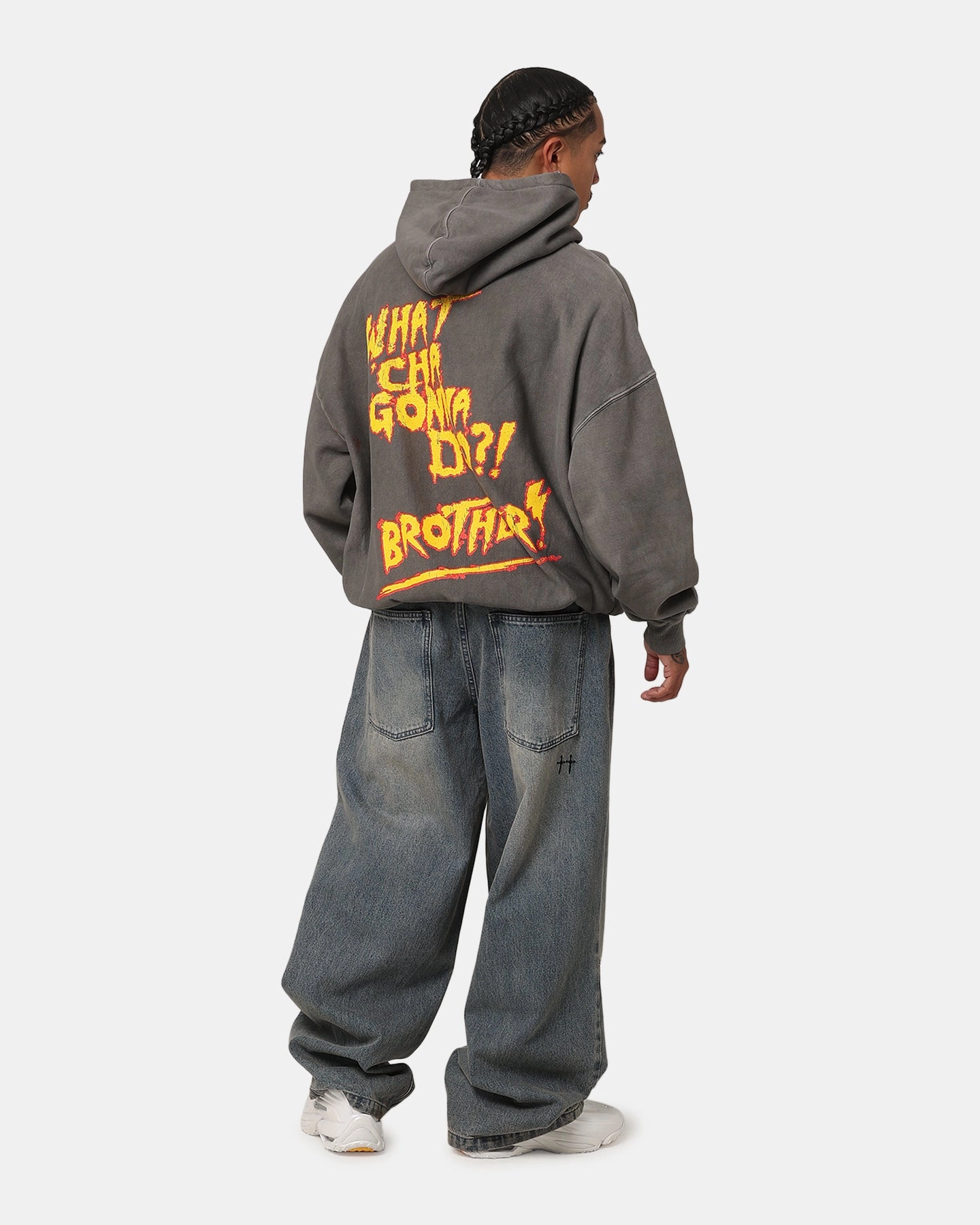 Culture Kings X WWE Hulk Hogan Hulkamania Premium Hoodie Washed Charcoal Adjustable Drawstring Hood polka dotted