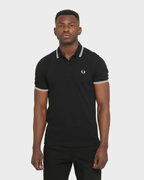 Fred Perry Twin Tipped Polo Shirt Black/White/White Herringbone Texture Breathable Cotton