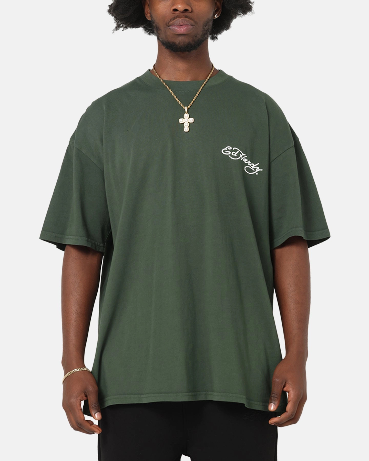 Easy Wear Option SoftenedTexturedWeave Ed Hardy Golden Bloom T-Shirt Pine Green