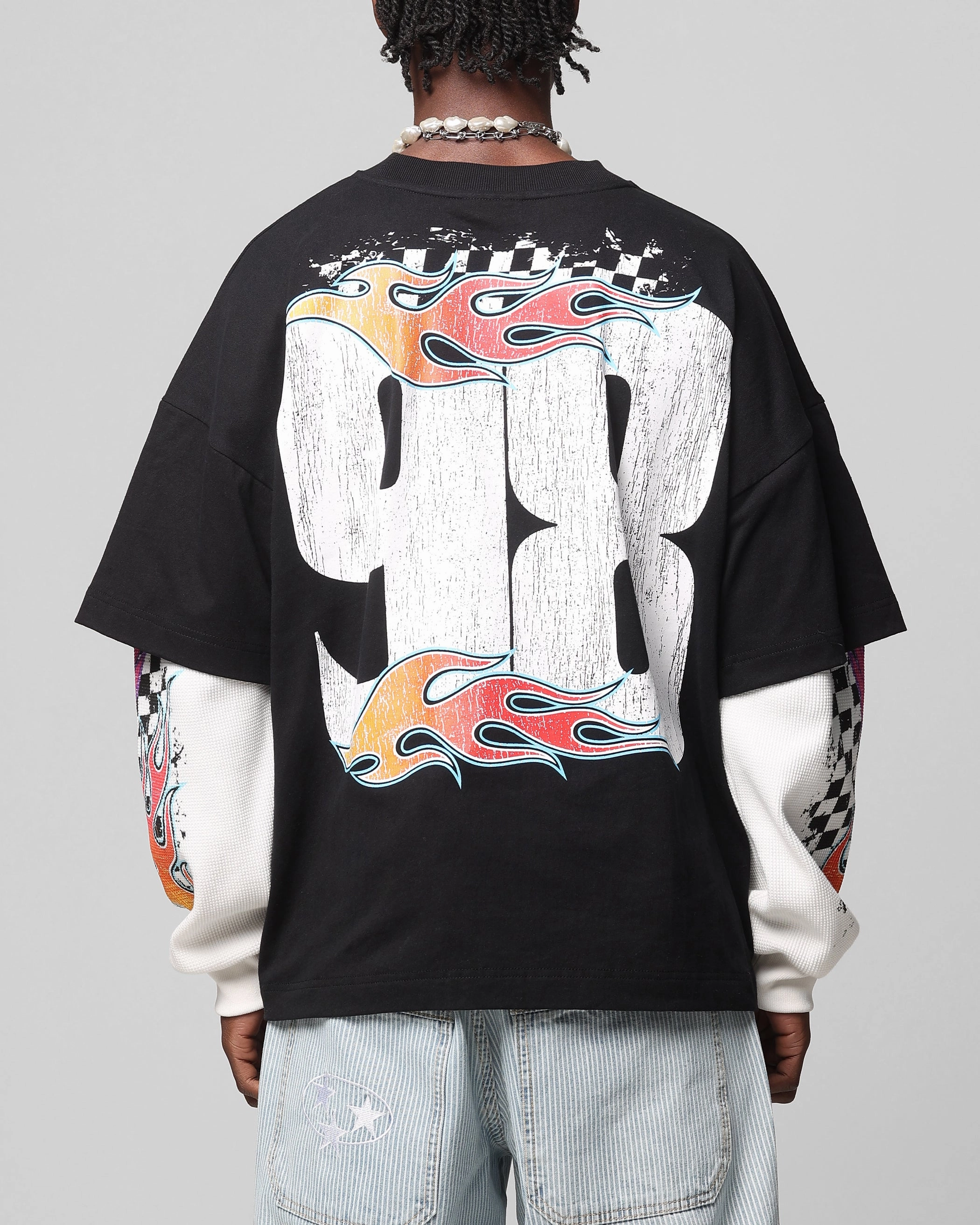 Essential Casual Comfy Look Loiter Daytona Layered Long Sleeve T-Shirt Black/White