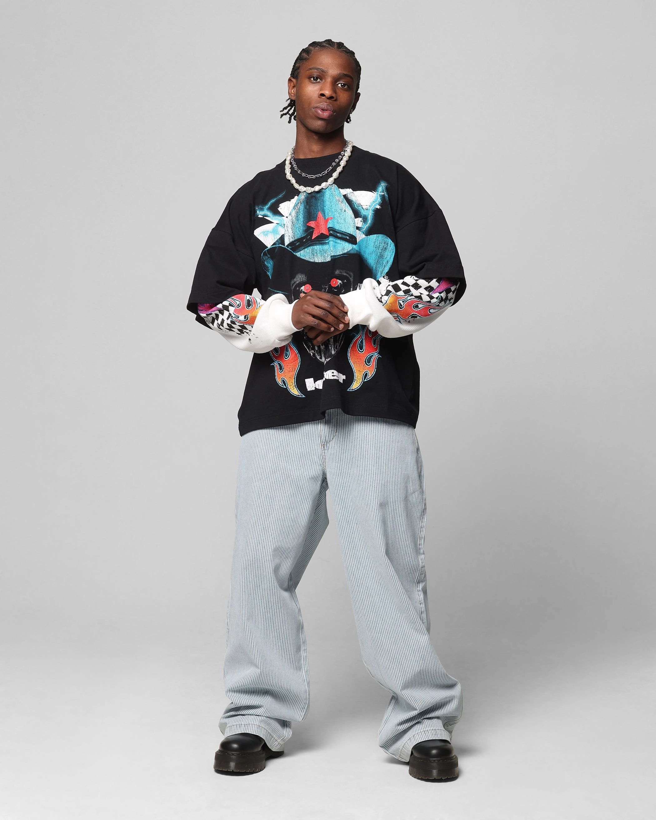 EcoFriendlyMaterial Eco Certified Fiber Loiter Daytona Layered Long Sleeve T-Shirt Black/White