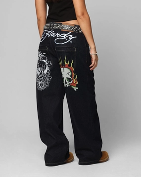 Ed Hardy Wide Leg Skull Jeans Dark Indigo No Fade Look
