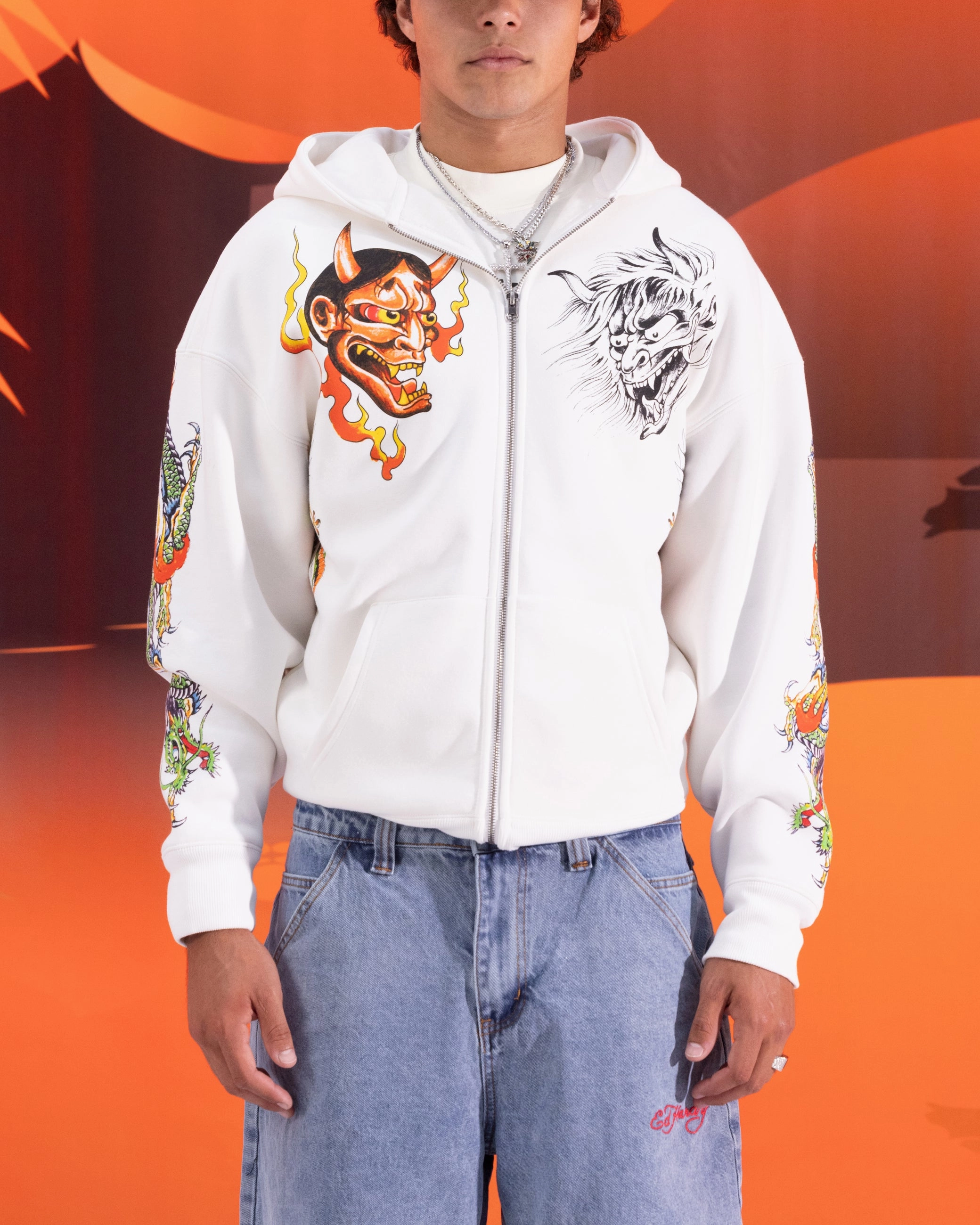 Moisture Activated Cooling Quick Lightness Ed Hardy Floral Zip Hoodie Off White