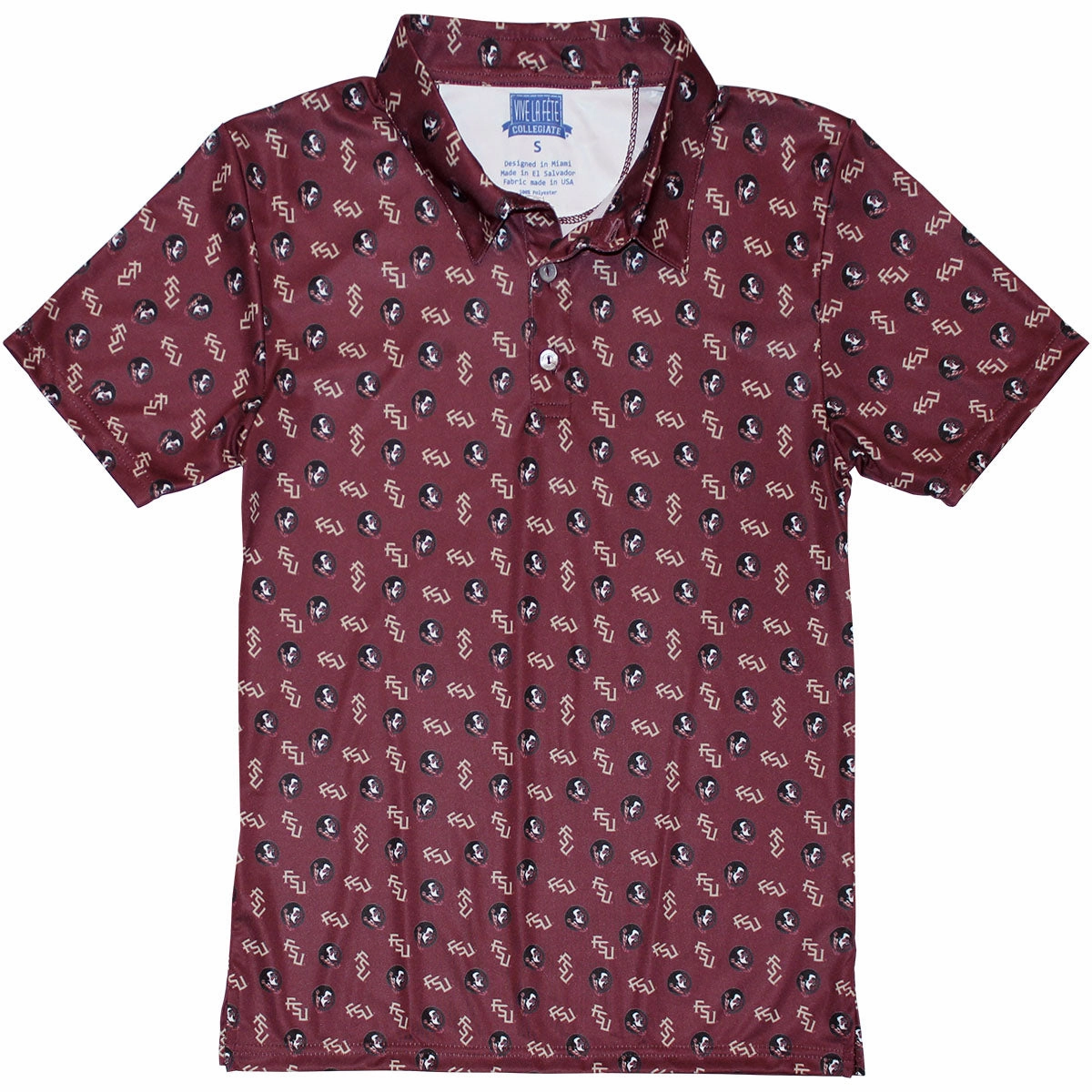 Vive La Fete Kids' Stacked FSU/Seminole Logo Pattern Performance Polo - Garnet All Day Comfort