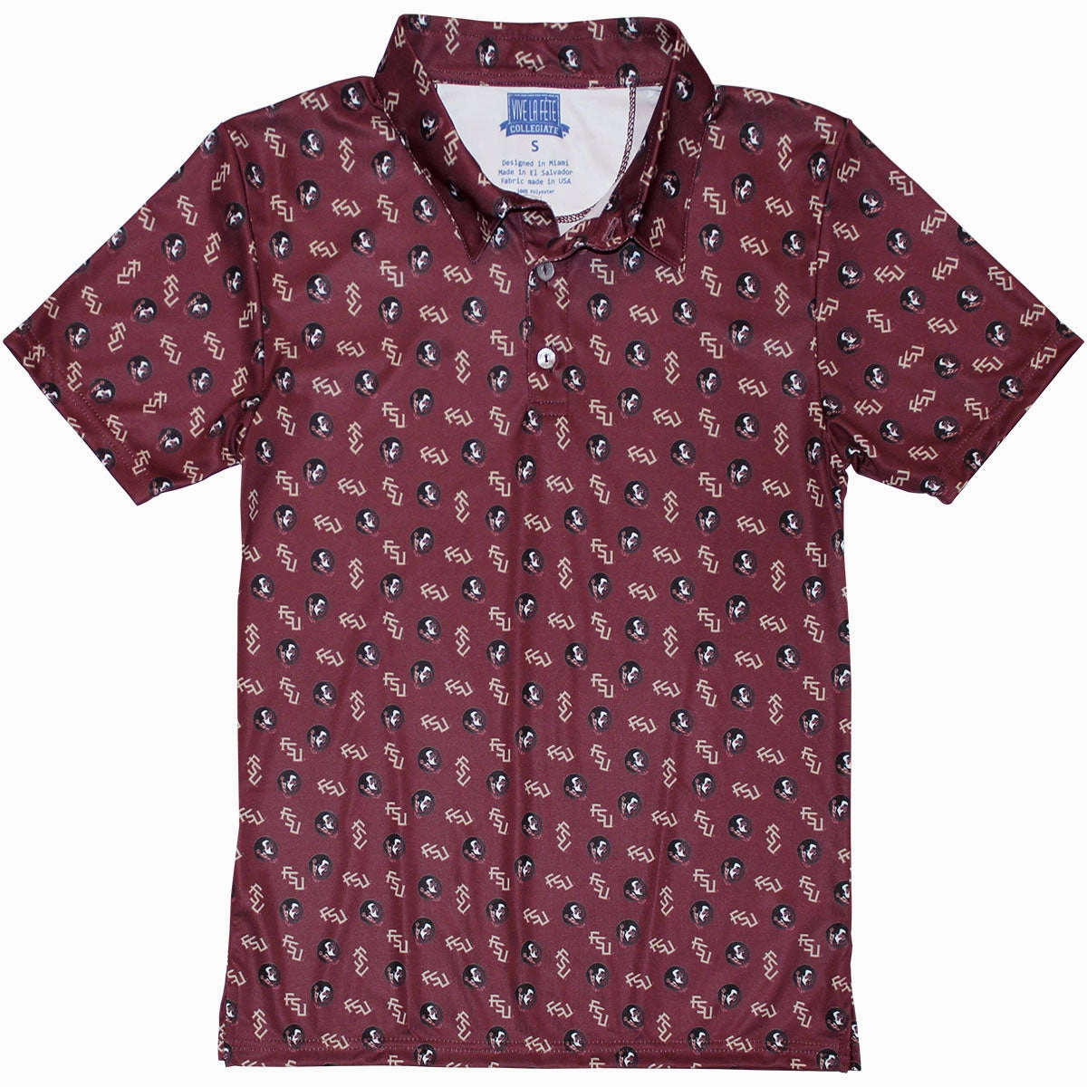 Vive La Fete Kids' Stacked FSU/Seminole Logo Pattern Performance Polo - Garnet Non Restrictive Design Wide Collar