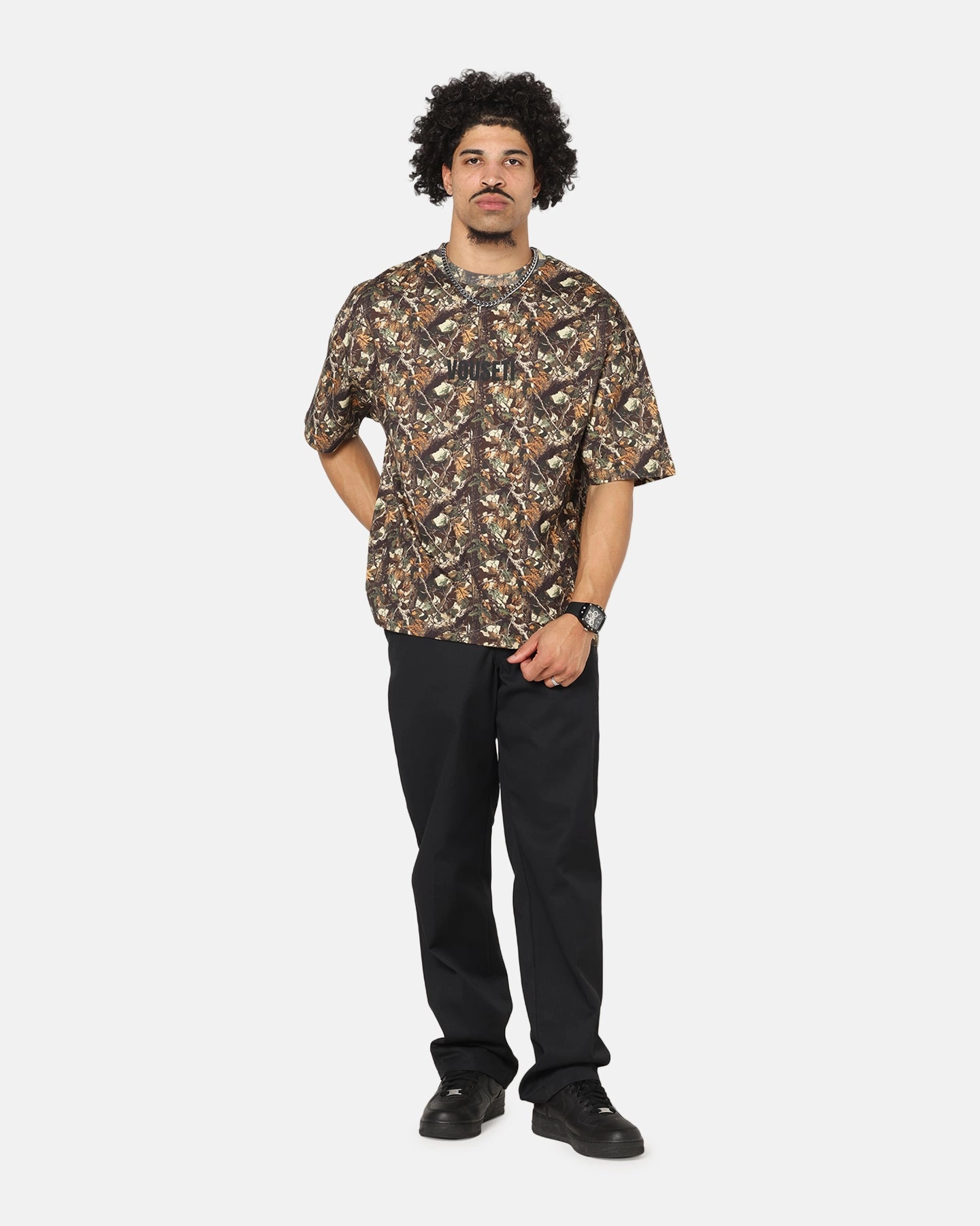 Curved Hemline Vouseti Tree Camo T-Shirt Black
