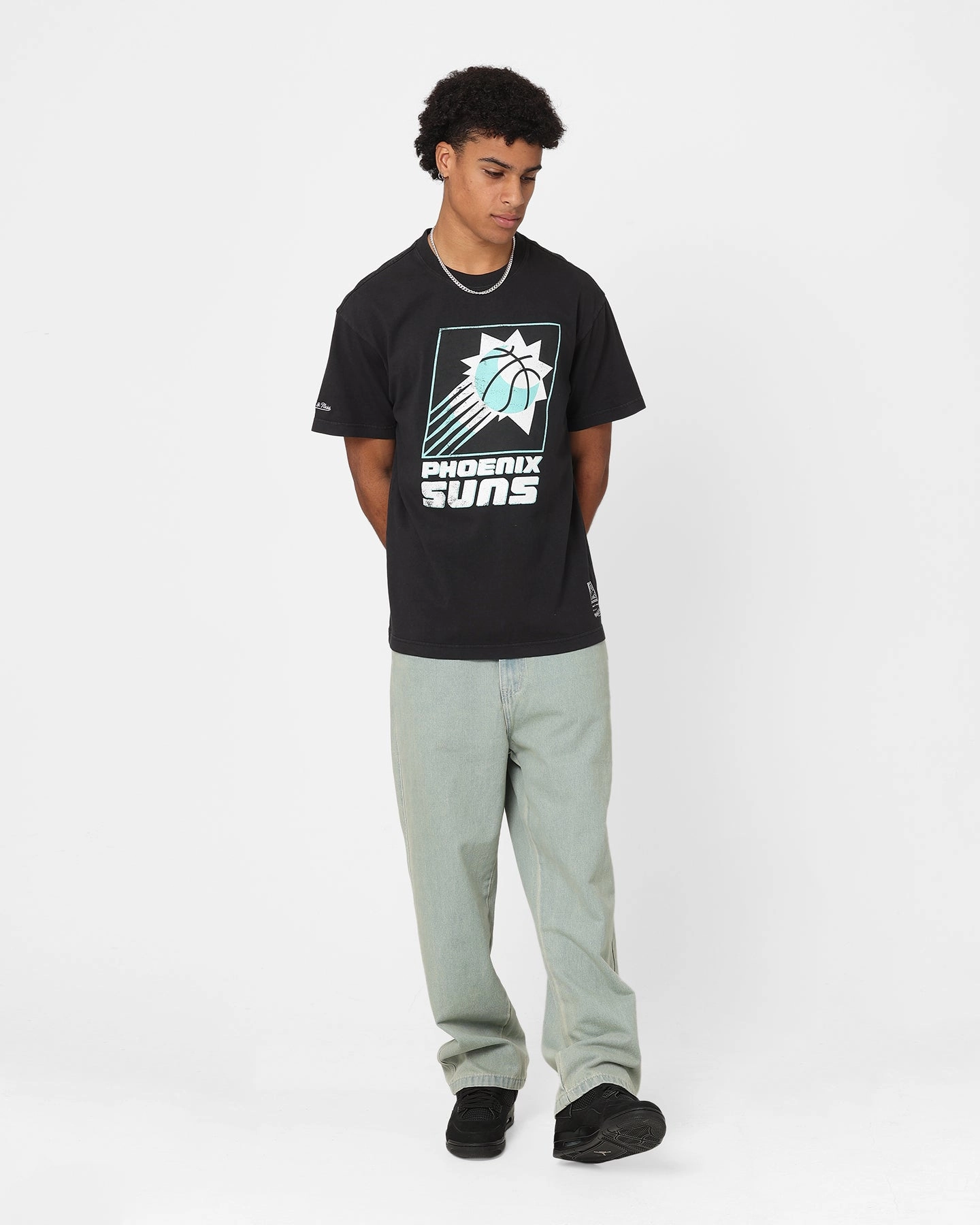 No Shrink Fabric Casual All-Day Mitchell & Ness Phoenix Suns Ice Blue Logo T-Shirt Faded Black