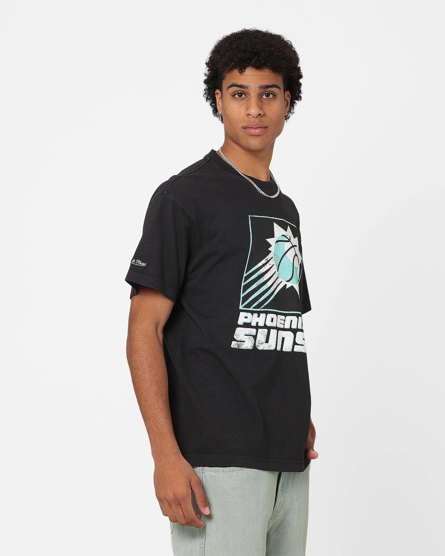 Solid color purity Chafe Free Armhole Mitchell & Ness Phoenix Suns Ice Blue Logo T-Shirt Faded Black