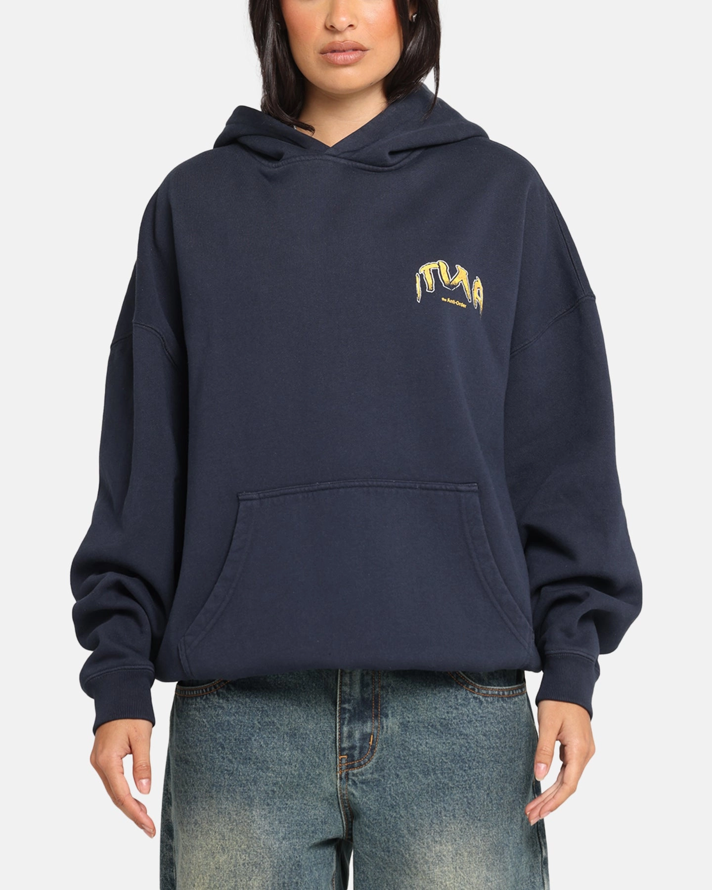 Modern Style Full Length Zipper The Anti Order Anti Collegate Boxy Hoodie Navy