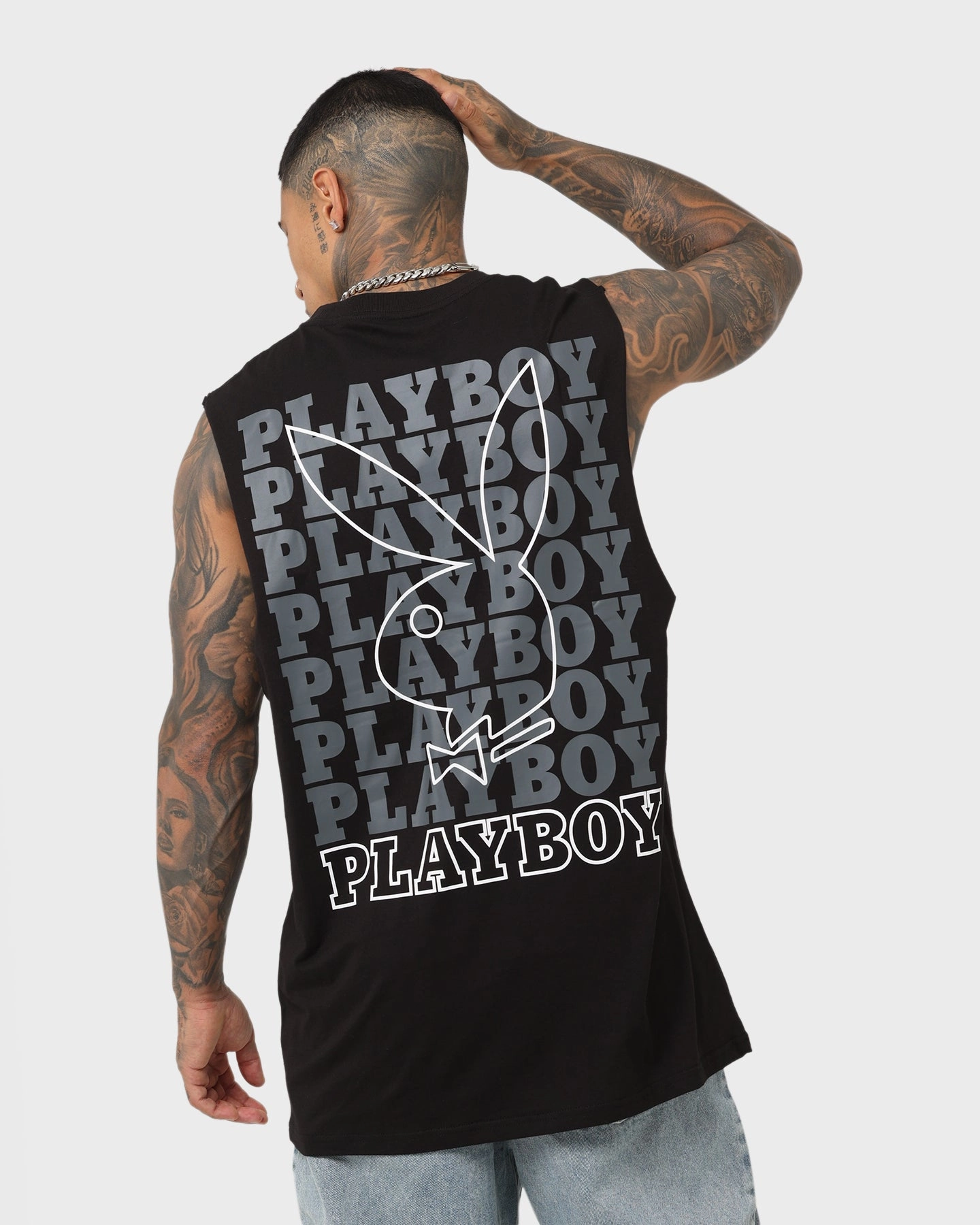 Playboy Linear Classic Bunny Stack T-Shirt Black Smooth Jersey Texture