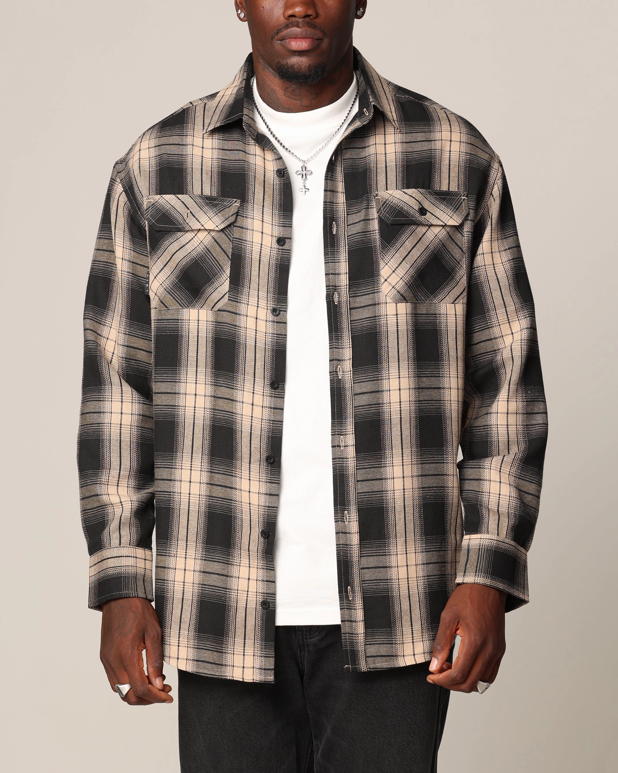 Streamlined Design Casual Elegance Saint Morta Icon Flannel Shirt Tan/Black