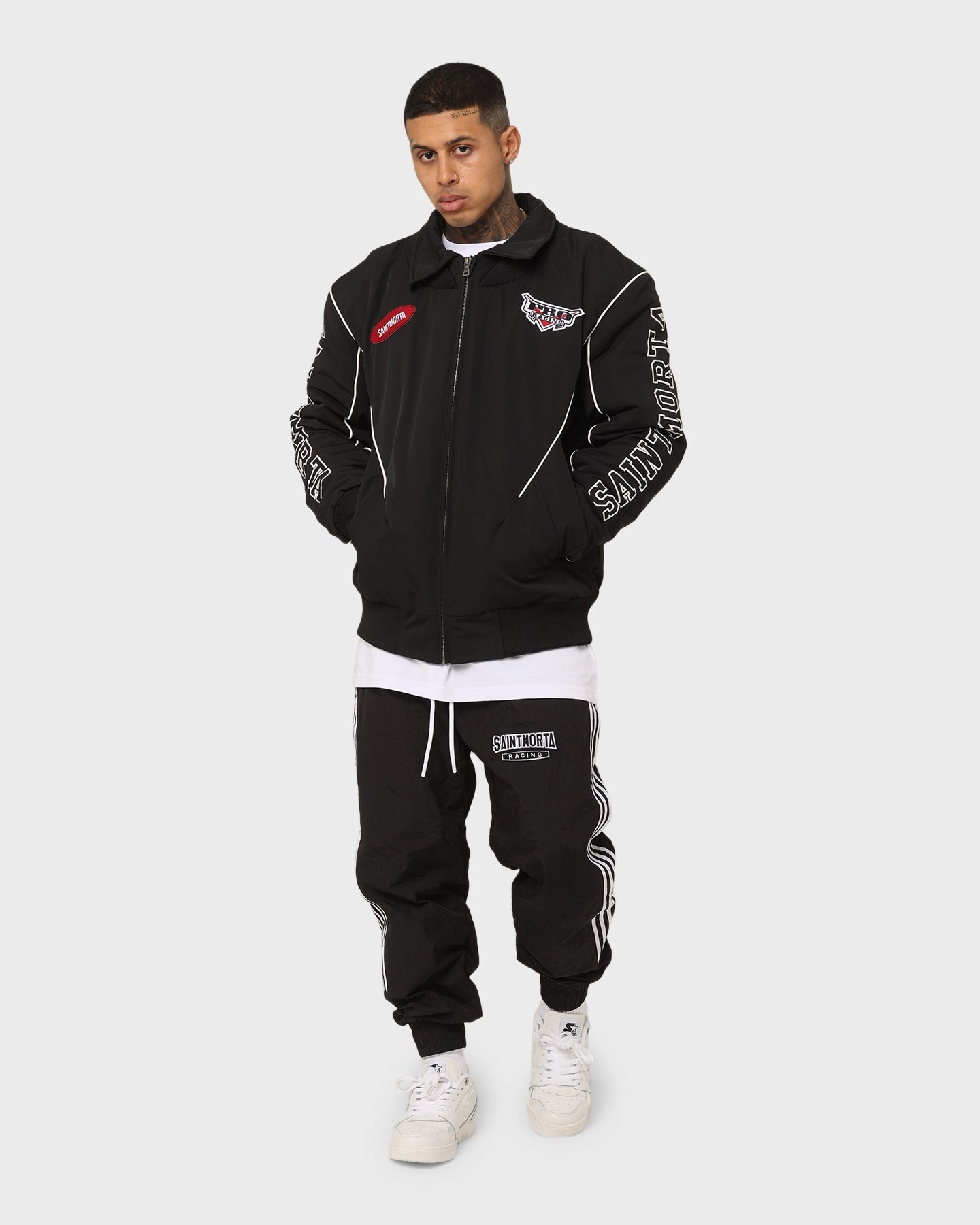 Saint Morta Pro Racing Bomber Jacket Black snap closure Weather Fit