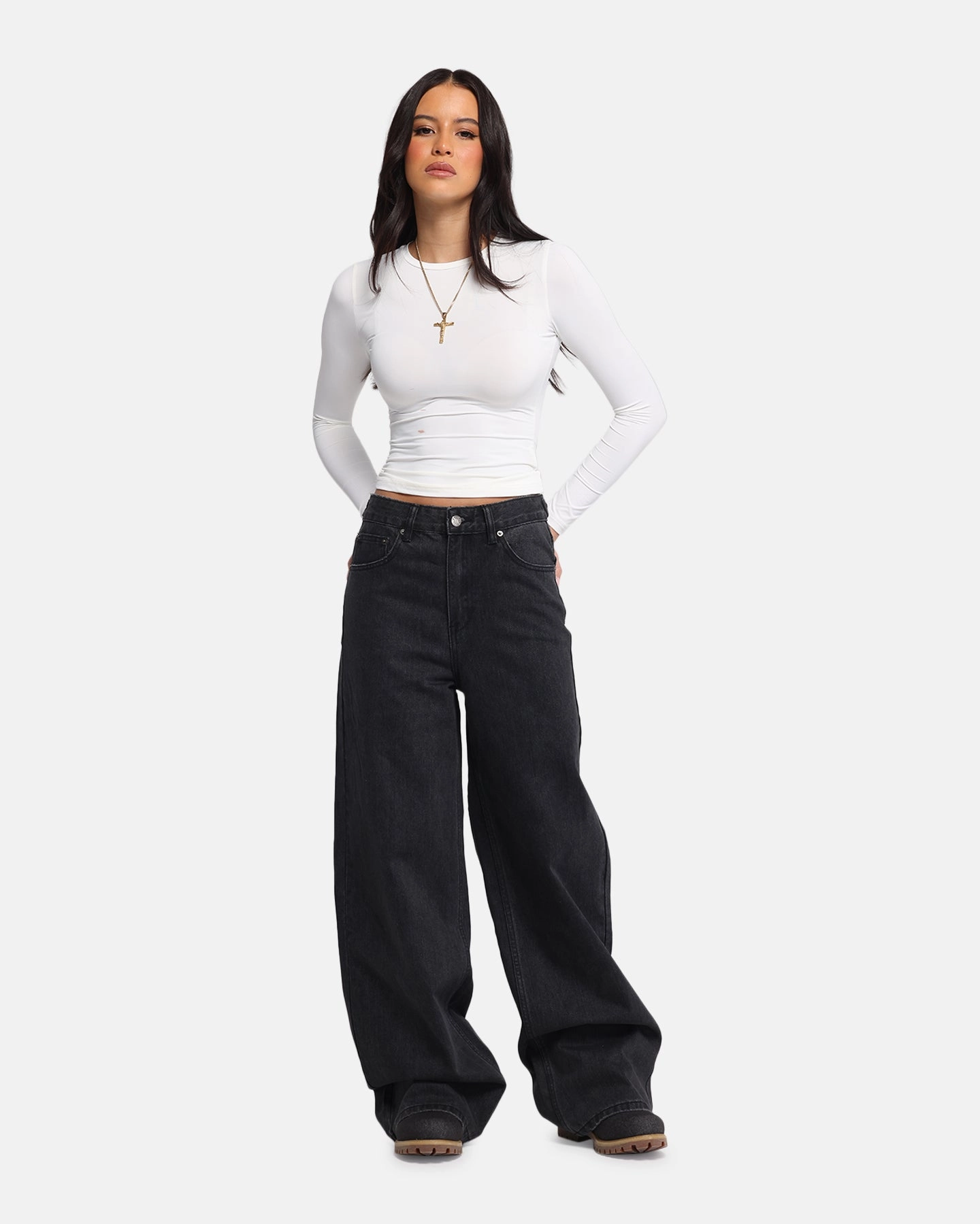 XXIII Women's Wide Leg Jeans Washed Black Crosshatch Stitching Low Profile Zipper