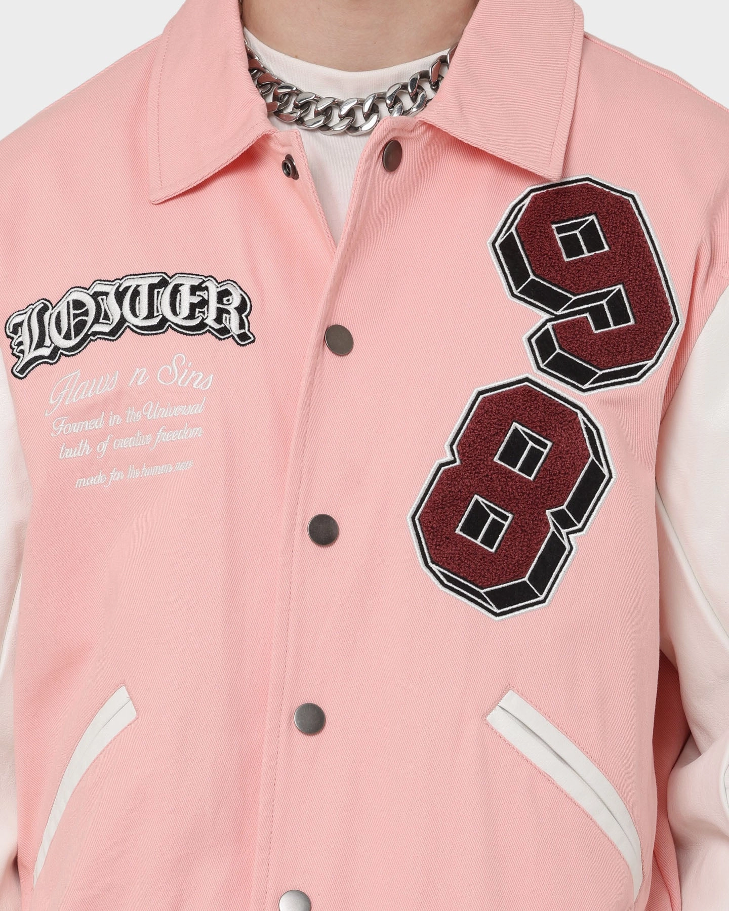 Loiter Human Varsity Jacket Pink Weightless Construction Abrasion Resistant Surface