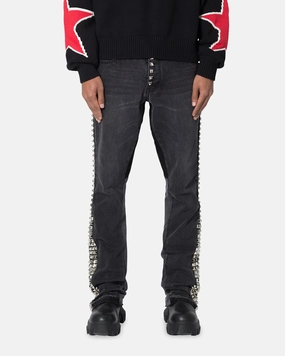 School Fit Pre Shrunk Fabric MNML B572 Studded Flare Denim Jeans Black