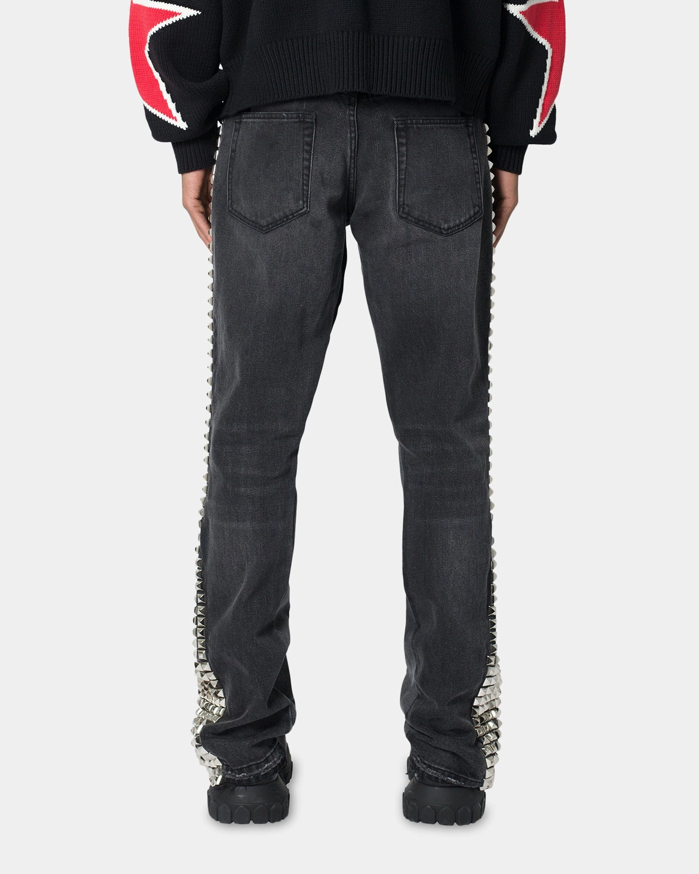 MNML B572 Studded Flare Denim Jeans Black Unisex Wear Elegant Vintage Lover Laidback Style