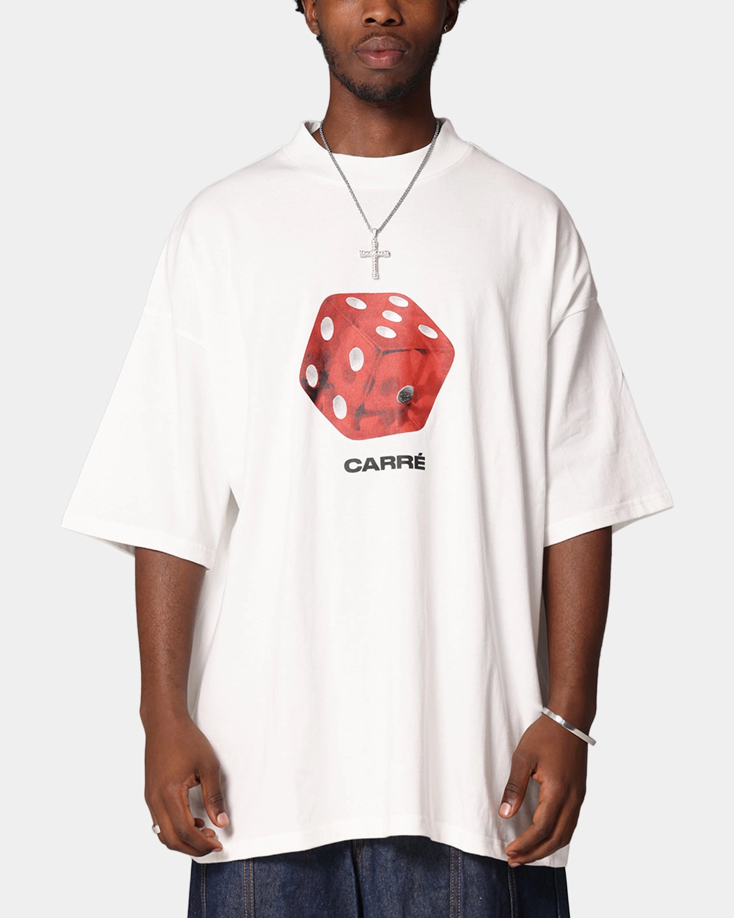 Hygroscopic Fiber EcoFriendlyMaterial Carre Die Mock Neck T-Shirt Off White