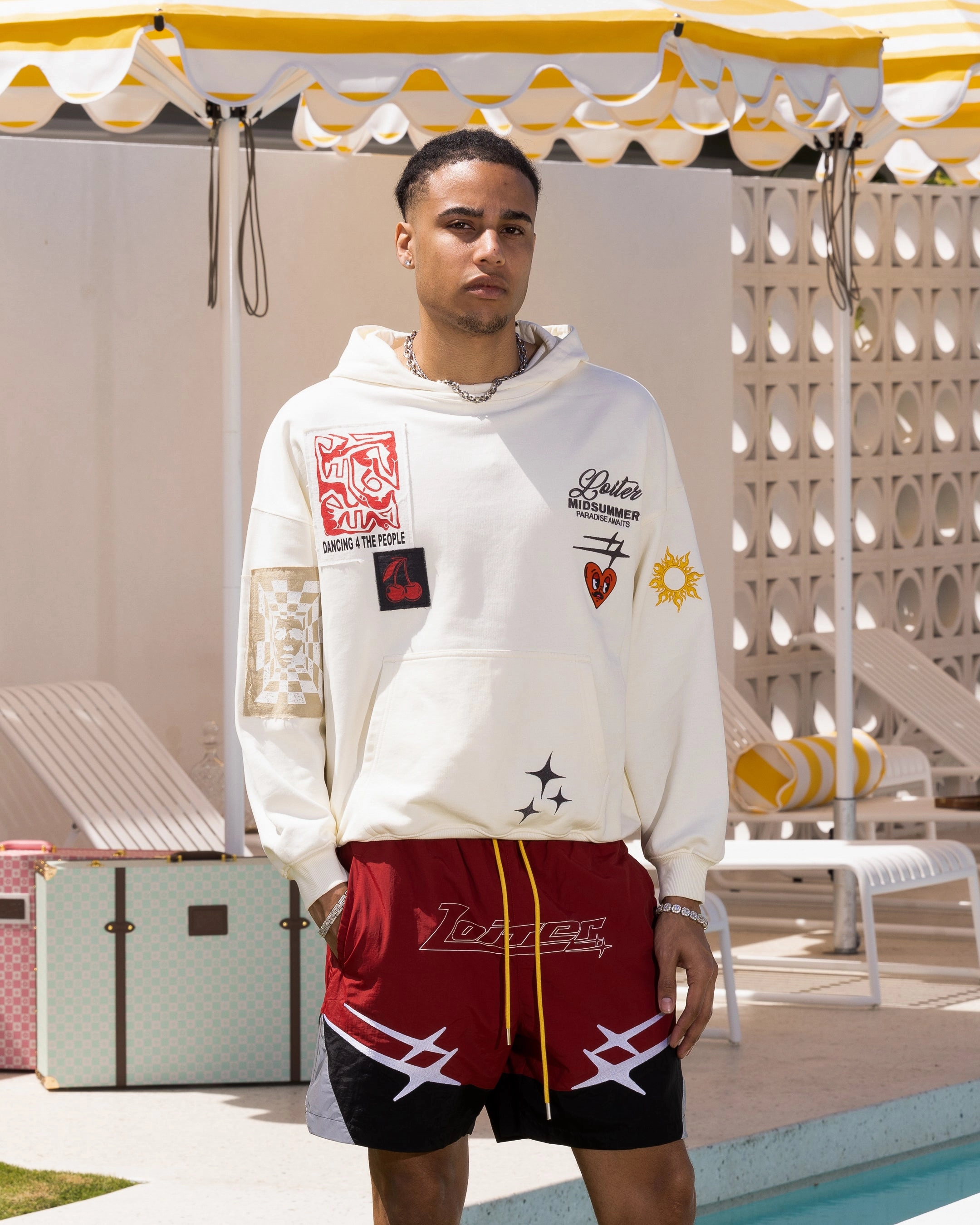 Adjustable Fit Contemporary Fit Loiter Patchwork Hoodie Off White