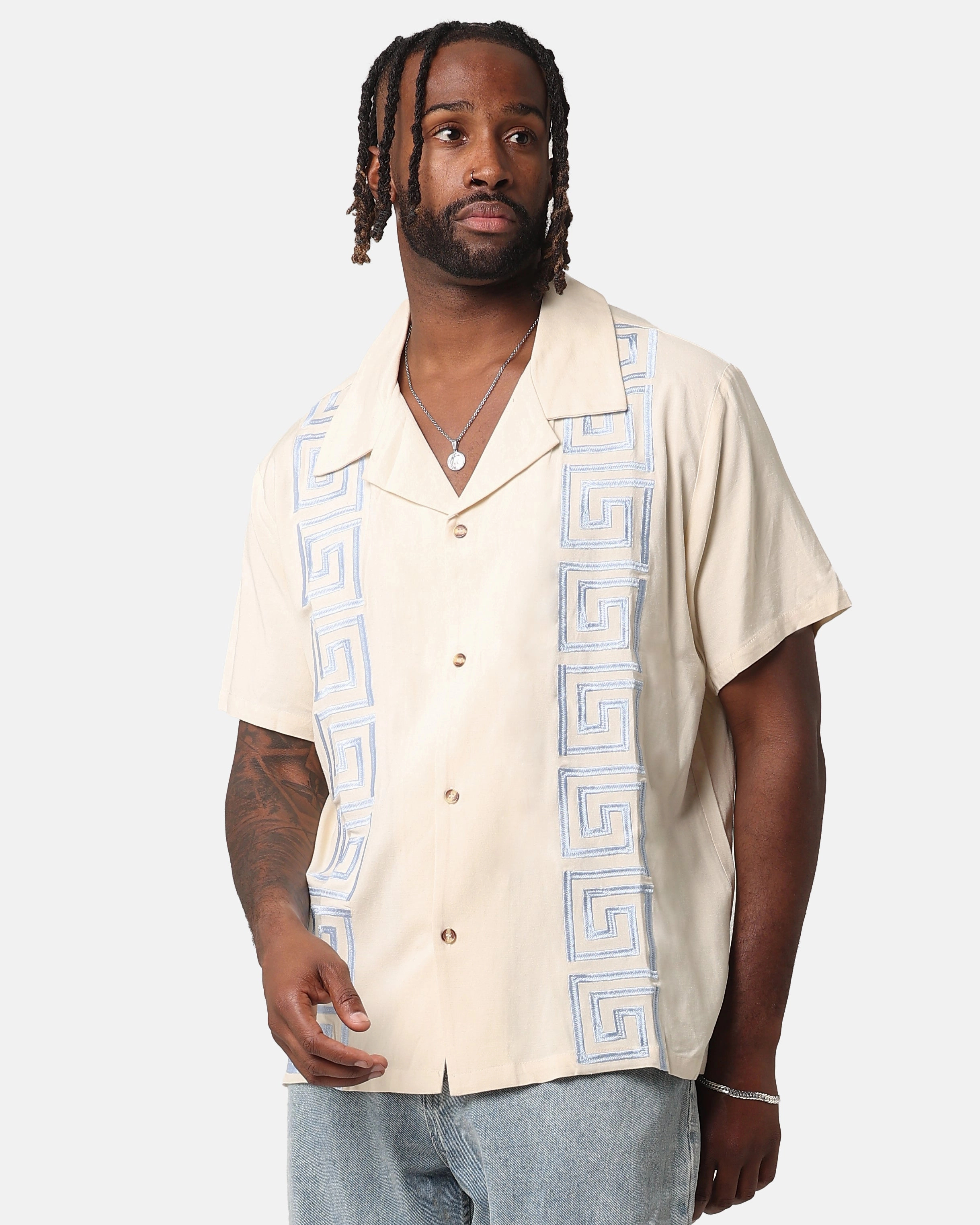 Glossy Texture XXIII Hellas Linen Button Up Shirt Off White/Blue