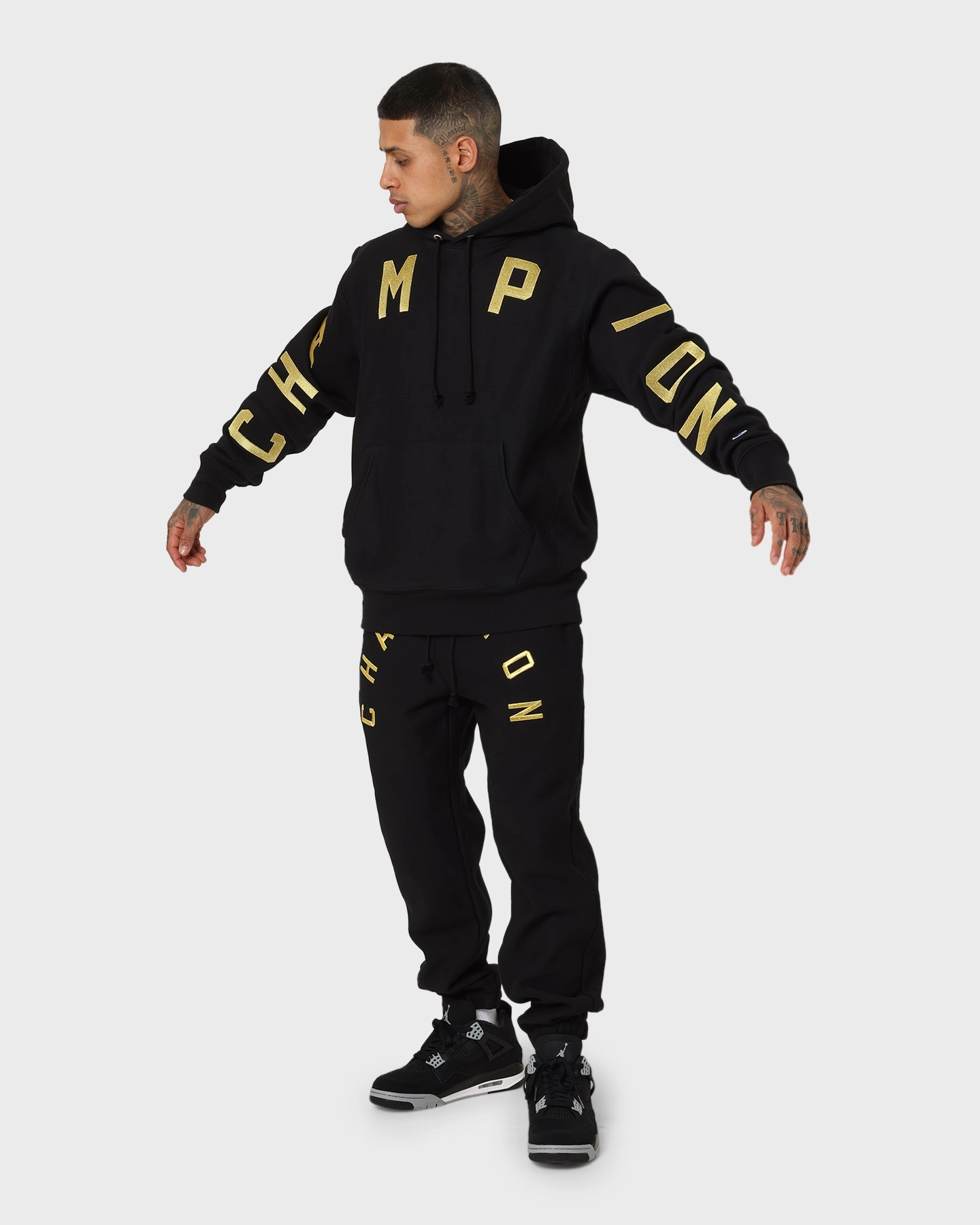 Champion Reverse Weave Large Arch Hoodie Black/Gold Ventilated Back Storage