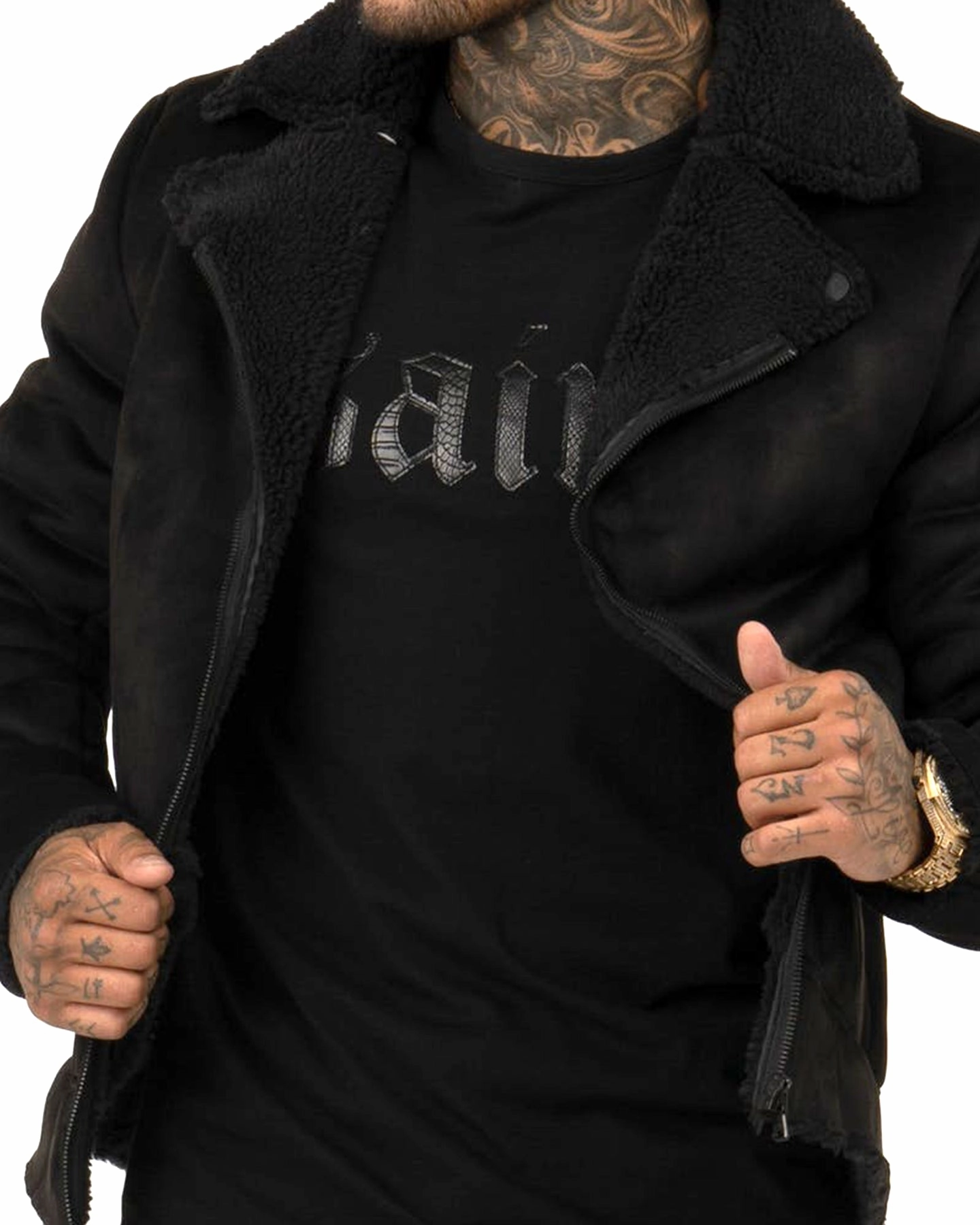 Adjustable Cuffs University Saint Morta Renegade Sherpa Biker Jacket Black/Black