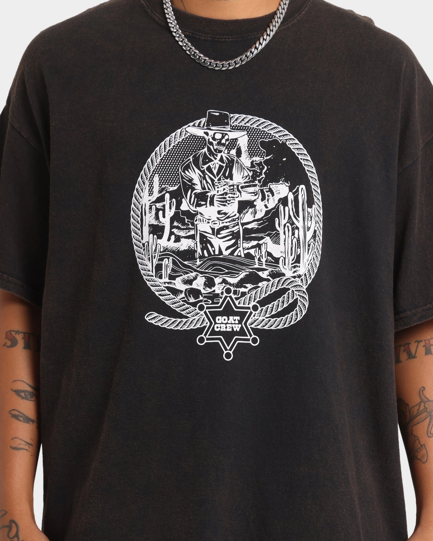 Goat Crew Cowboy Drawing Vintage T-Shirt Black Wash Active Style