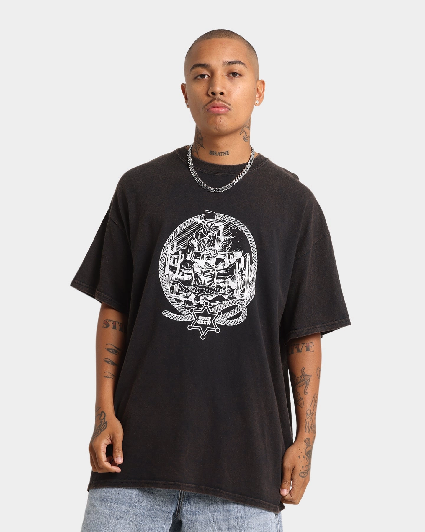 Goat Crew Cowboy Drawing Vintage T-Shirt Black Wash Chill Vibes Cozy Apparel