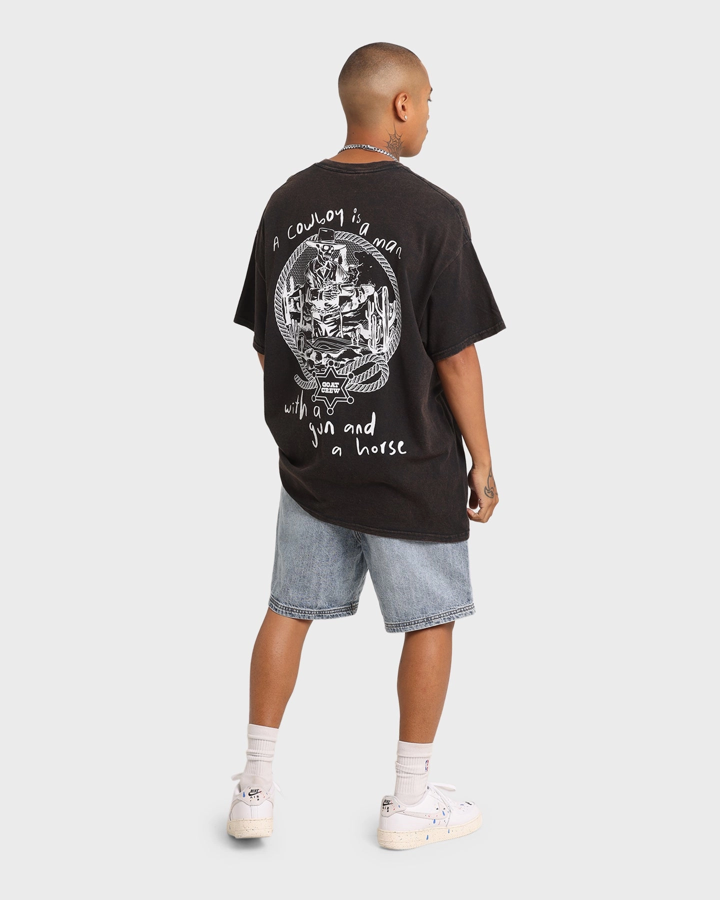 Soft and Light Wear Goat Crew Cowboy Drawing Vintage T-Shirt Black Wash