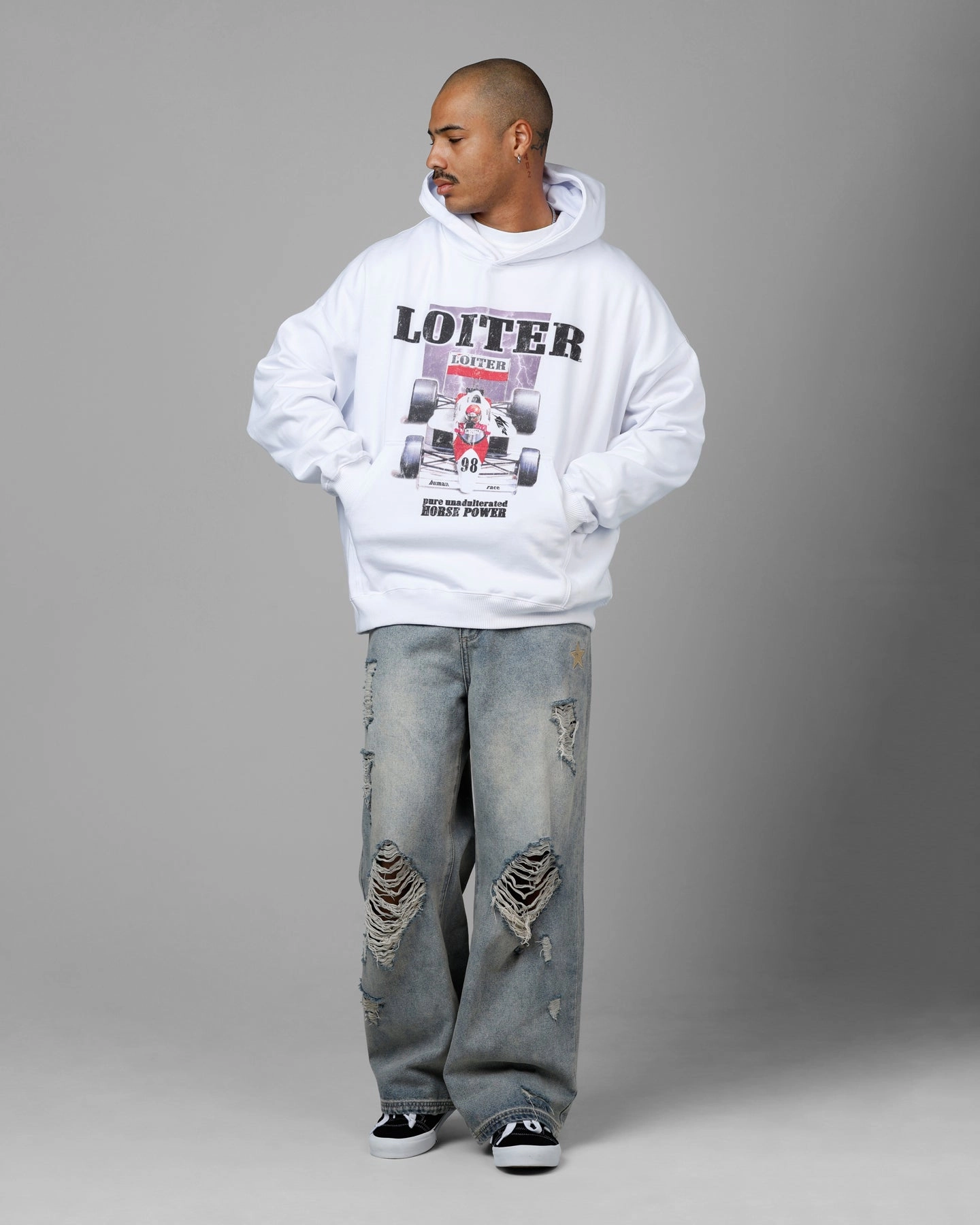 Loiter Horse Power Hoodie White Hiking Gear Convertible Design