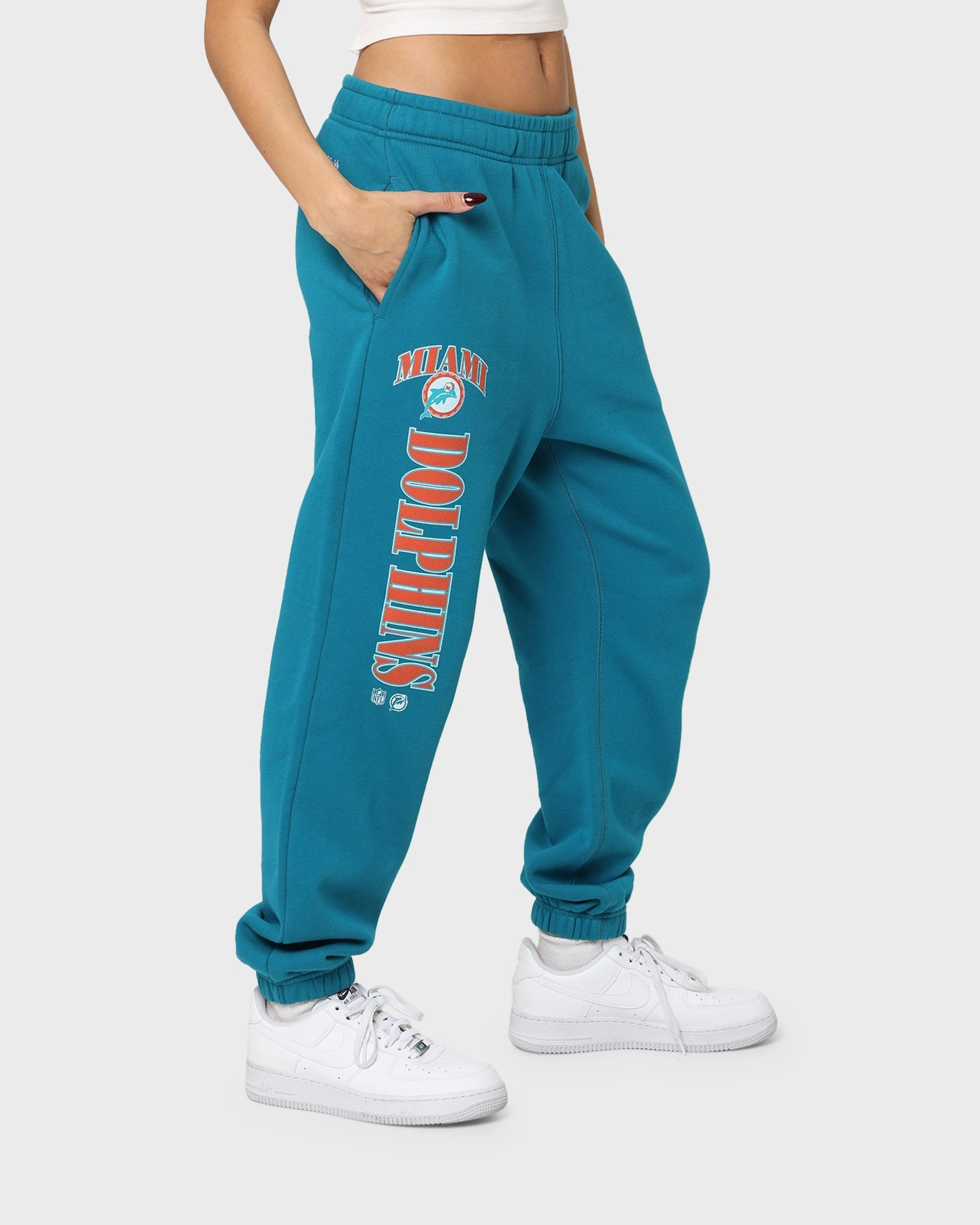 Attraction Neutral Comfort Mitchell & Ness Women's Miami Dolphins Arched Logo Sweat Pants Faded Teal
