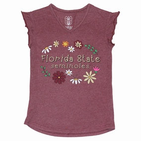 Wes & Willy Girl's Florida State Seminoles Flower Design Short Sleeve Ruffle T-shirt - Garnet Drip Dry Fabric