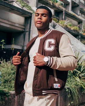 Carr?? MVP Varsity Jacket Brown/Cream Foldable Collar Design Chic