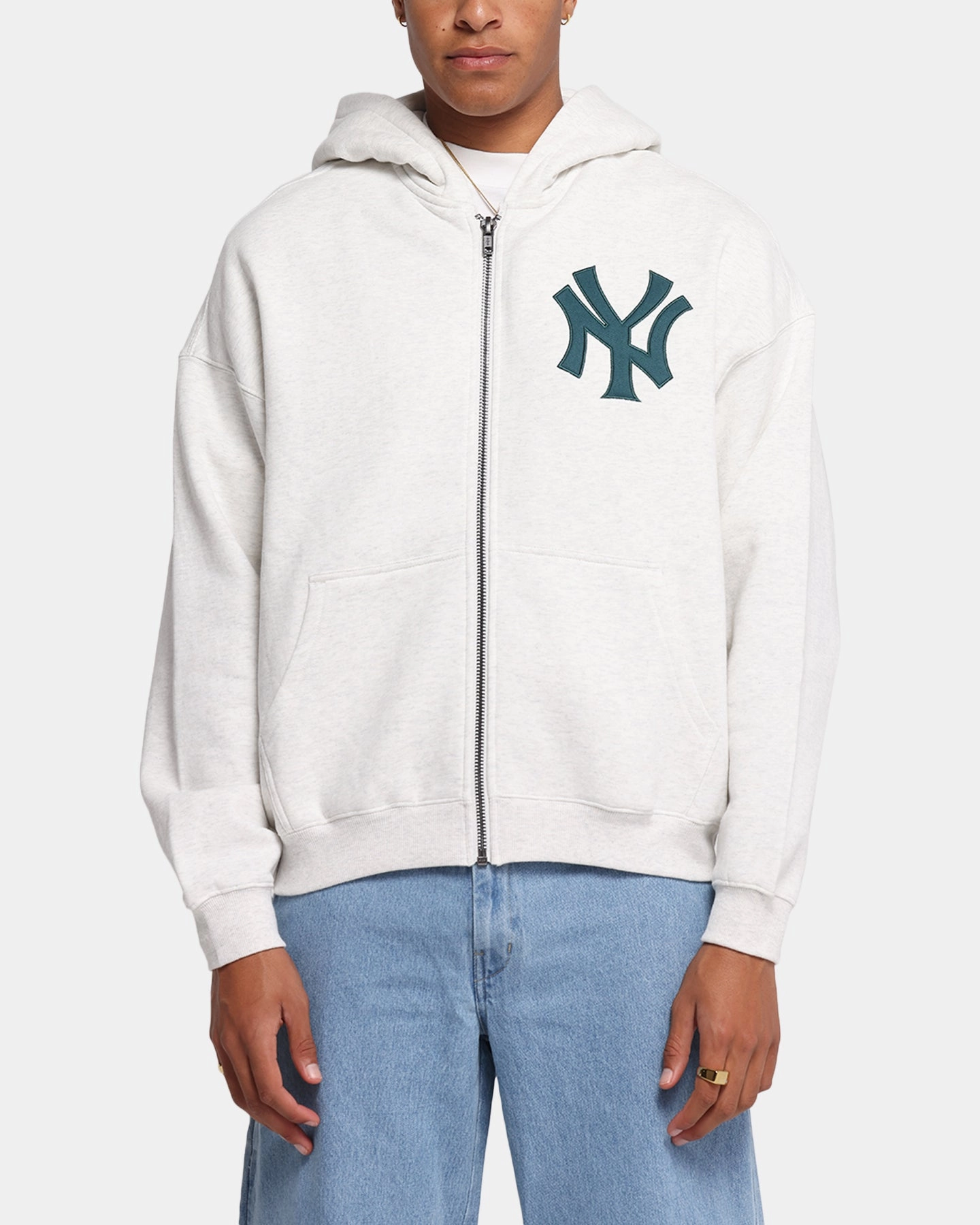Majestic Athletic New York Yankees Arch FZ Boxy Hoodie White Marle Full Zip Closure SnapFasteners