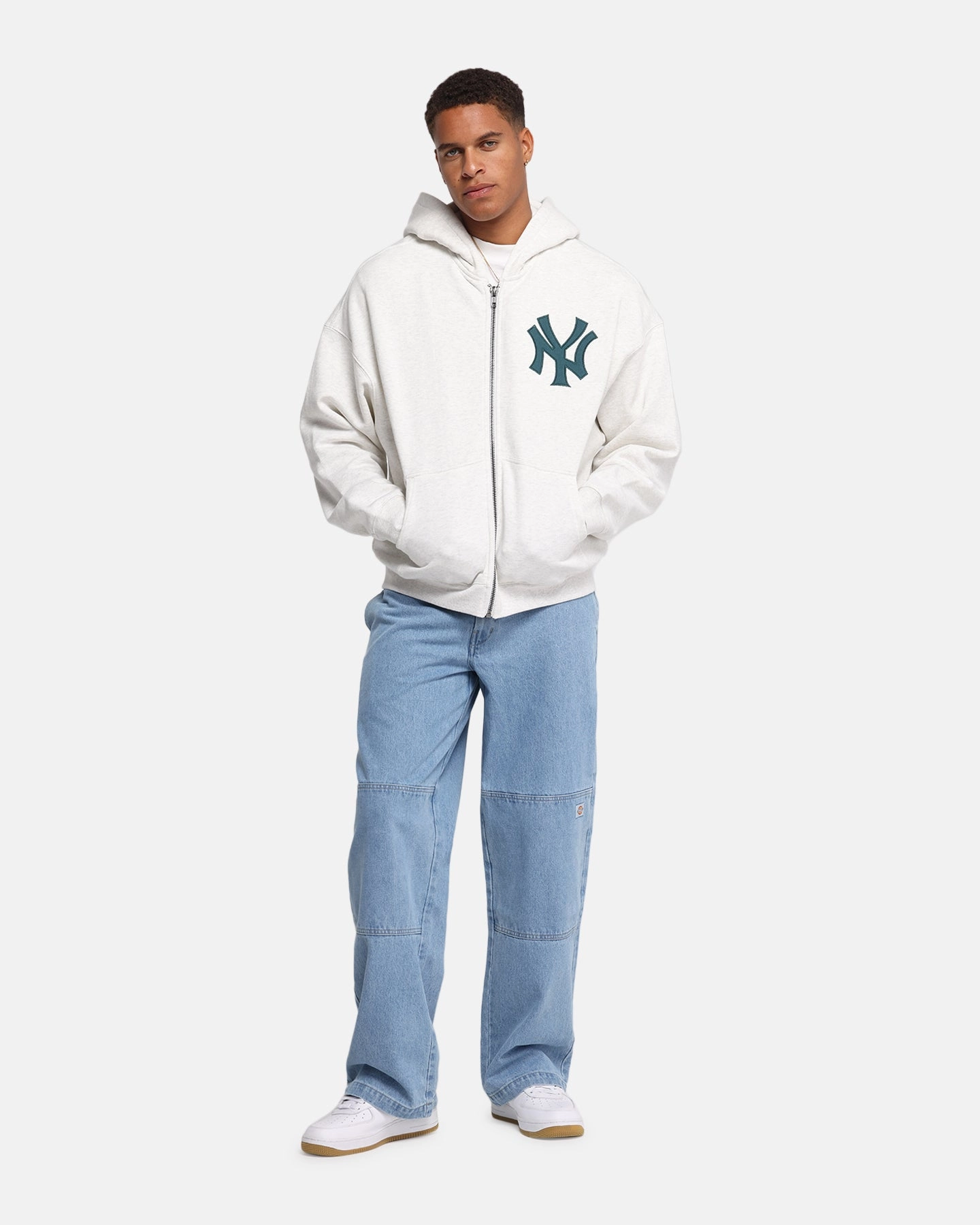 Majestic Athletic New York Yankees Arch FZ Boxy Hoodie White Marle Zip Off Detailing