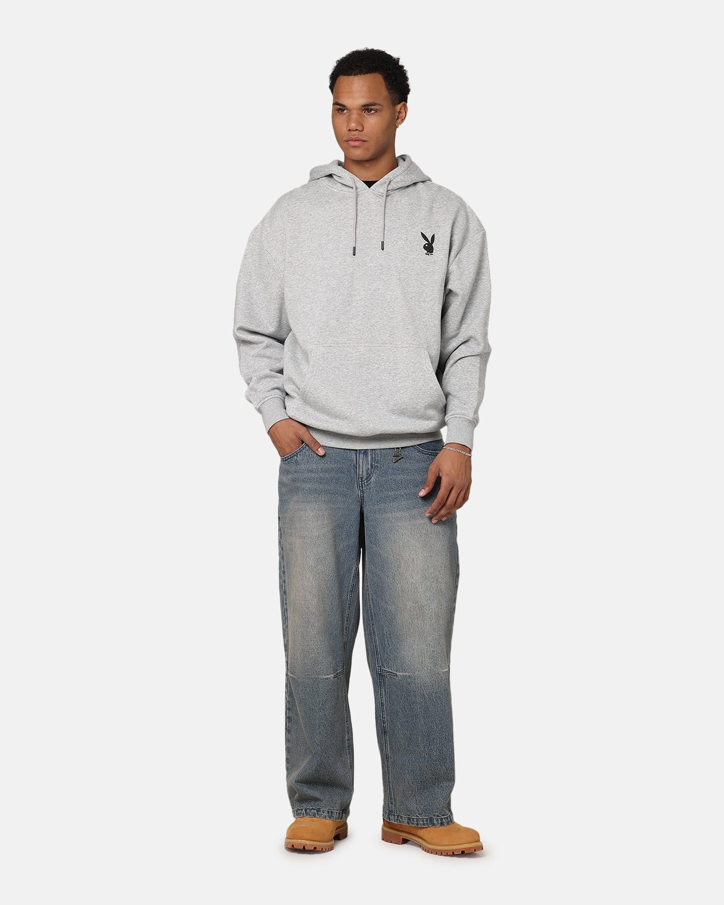 Collared Seam Sealed Construction Playboy Logo Lockup Hoodie Grey Marle