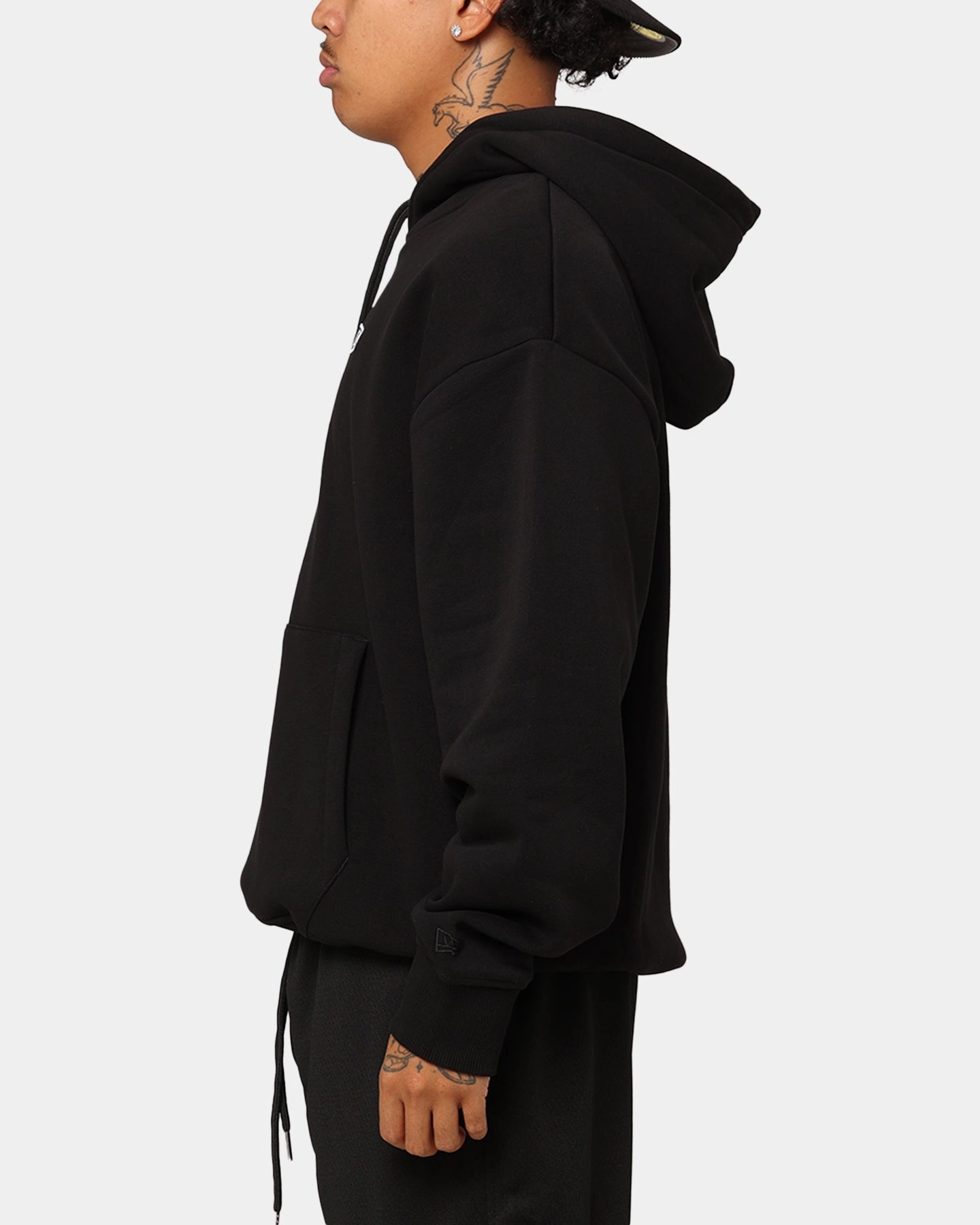New Era Branded Hoodie Black Tailored Silhouette swimmers