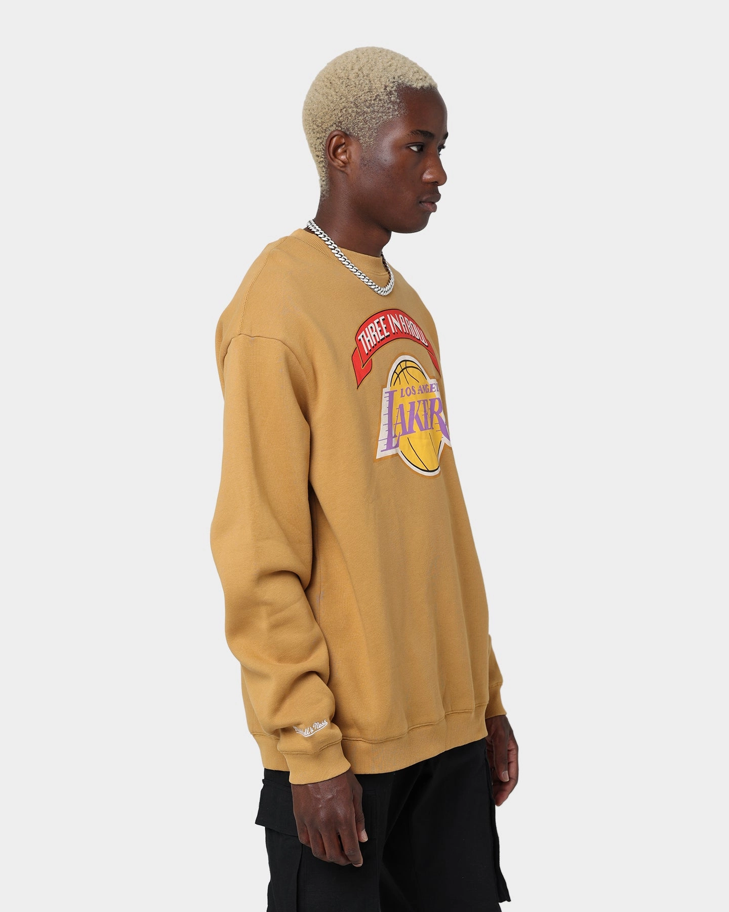 Quick Drying Hooded Comfort Fit Mitchell & Ness Los Angeles Lakers 3-Peat Crewneck Bone Brown