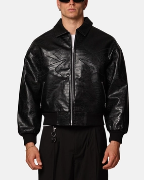 casual outing Loiter Atmosphere PU Leather Bomber Jacket Black