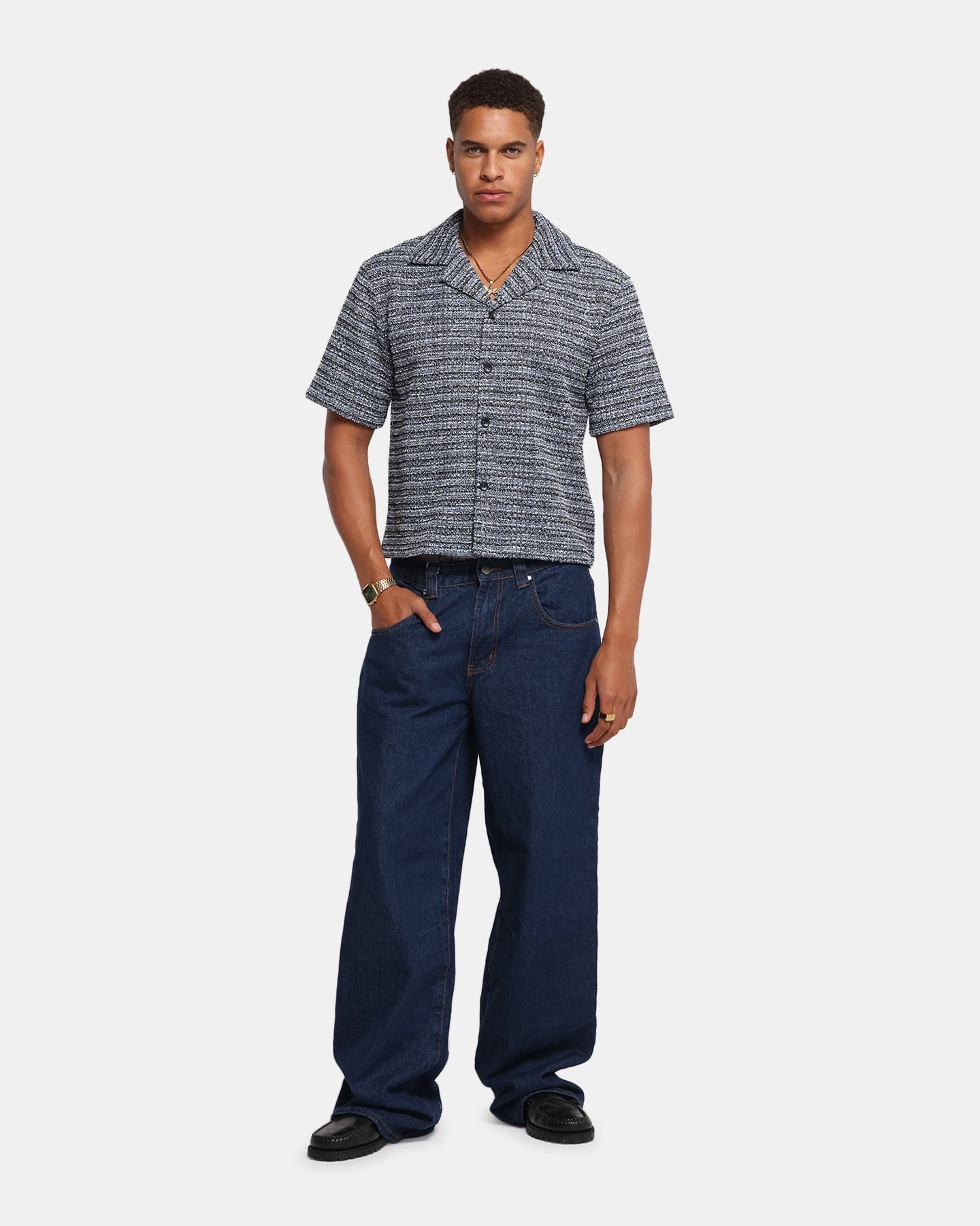 XXIII Boucle Tweed Crop Button Up Shirt Black/White/Blue Fashion-Forward Brushed Inner Lining