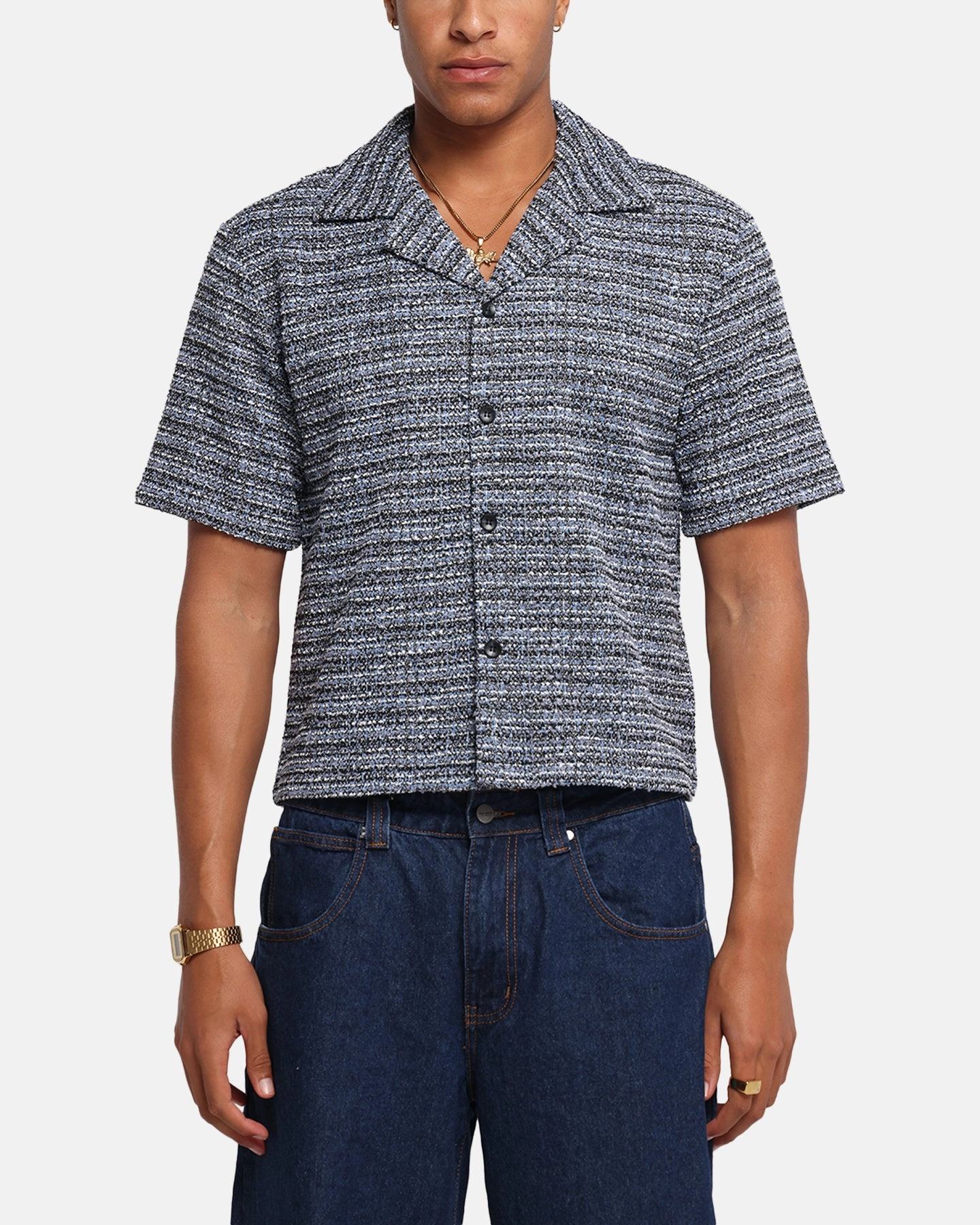 XXIII Boucle Tweed Crop Button Up Shirt Black/White/Blue Metallic Finish