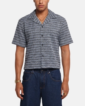 XXIII Boucle Tweed Crop Button Up Shirt Black/White/Blue Metallic Finish