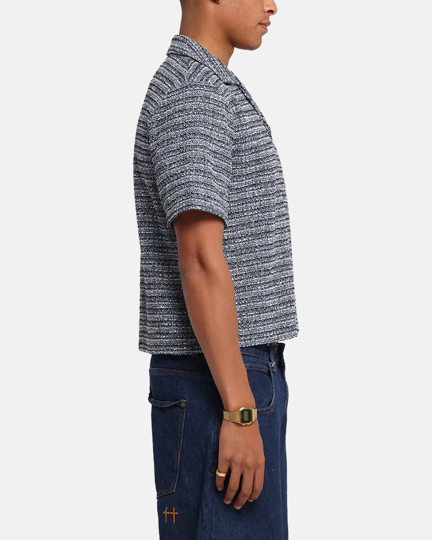 Flexible Mobility XXIII Boucle Tweed Crop Button Up Shirt Black/White/Blue