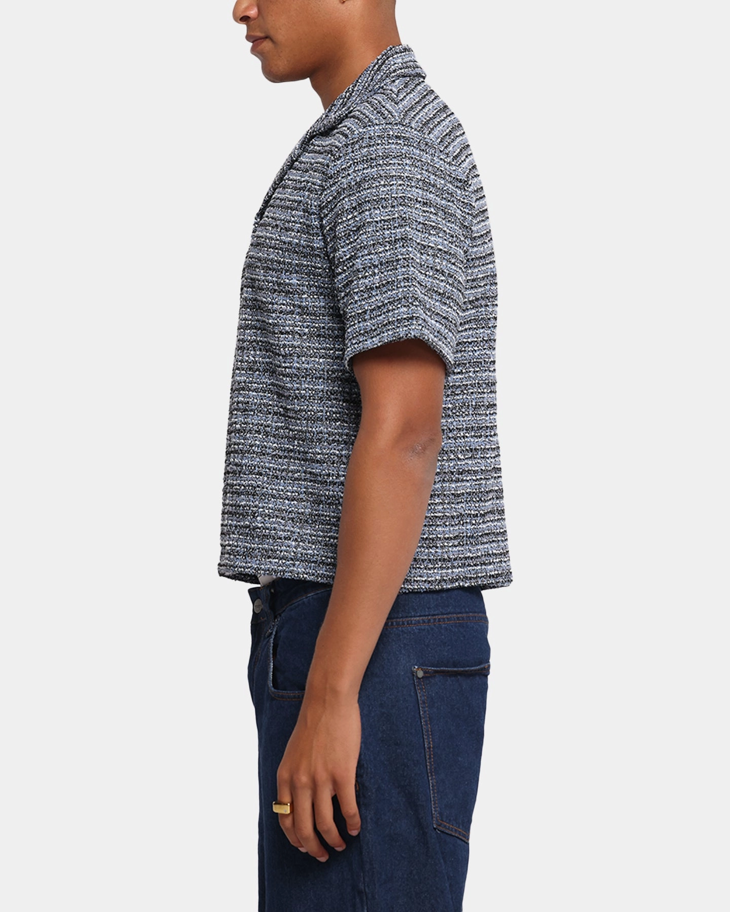 UV Protective Coating XXIII Boucle Tweed Crop Button Up Shirt Black/White/Blue