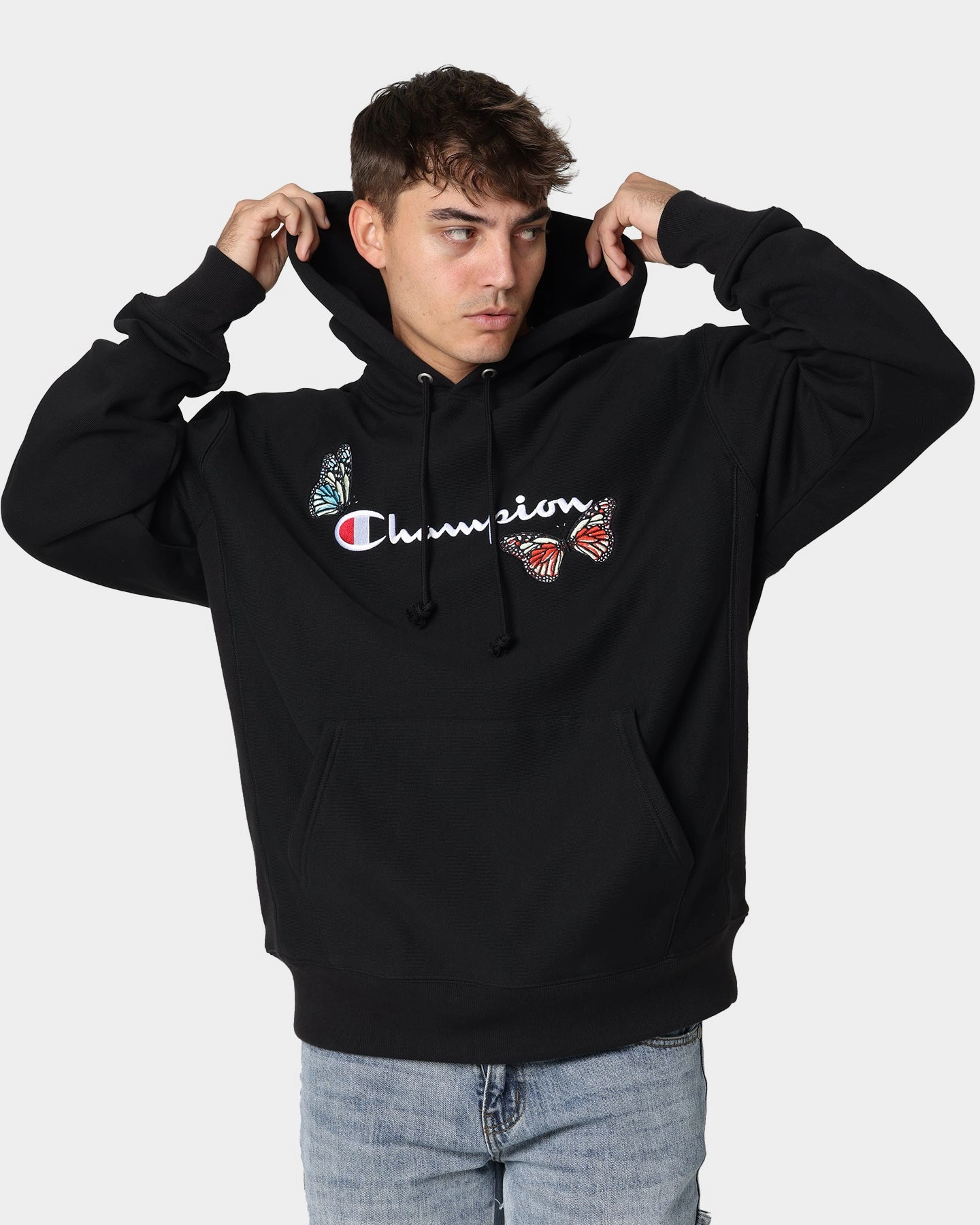 Champion Heritage Butterfly Embroidery Hoodie Black Stretchable Fabric
