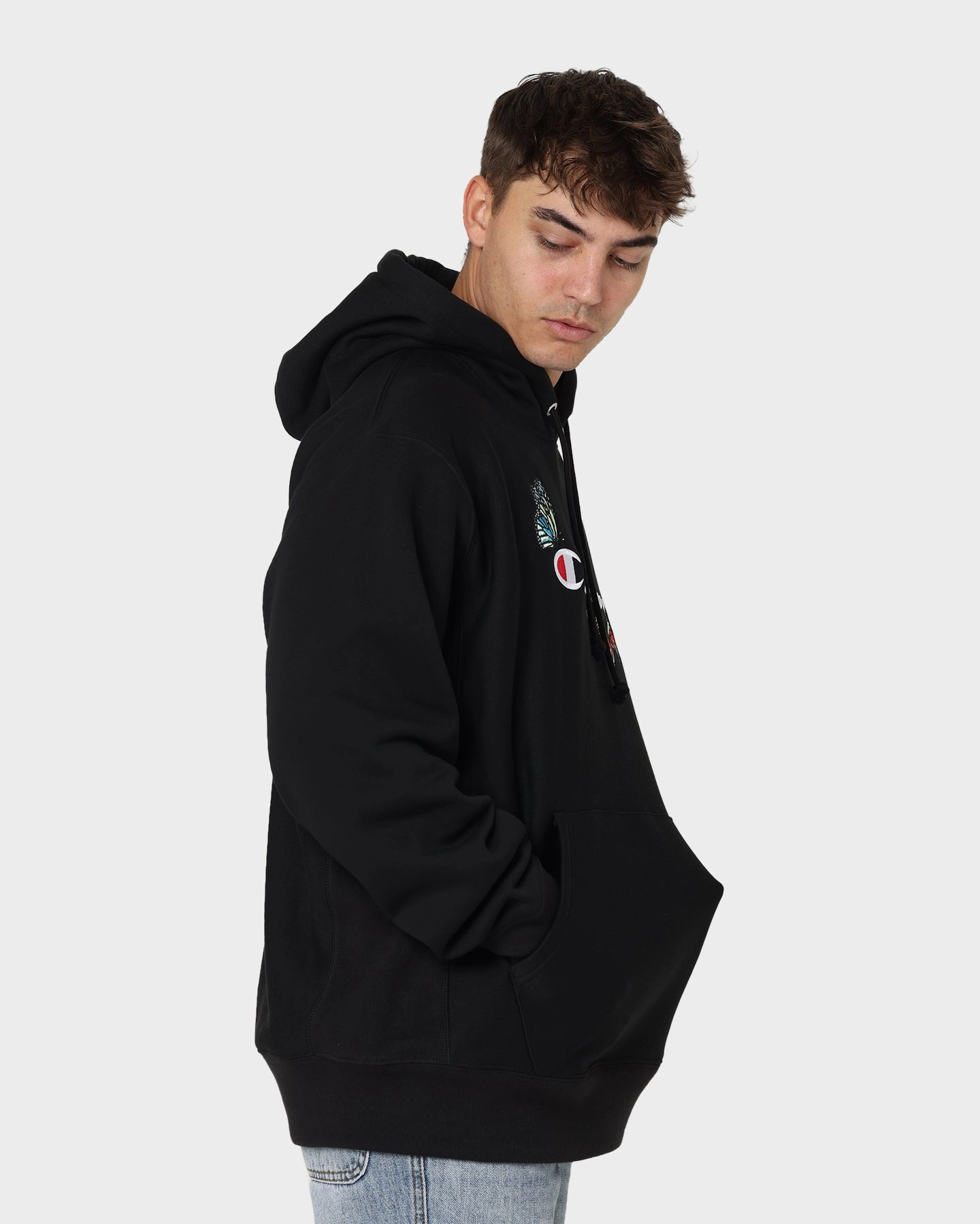 Champion Heritage Butterfly Embroidery Hoodie Black Chic Look Adjustable Drawstrings