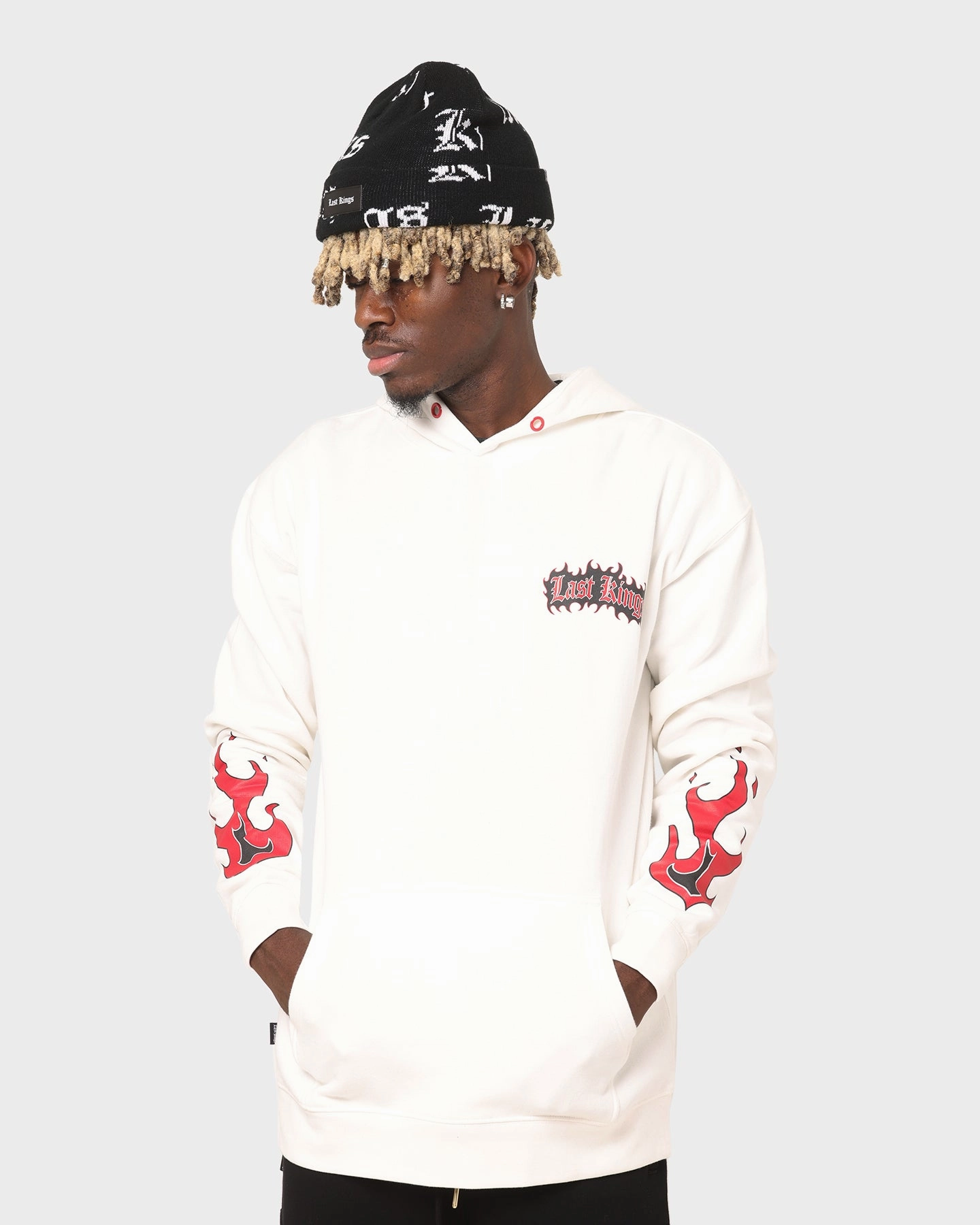 Last Kings Flaming Wings Hoodie Off White Insulated Shield bar