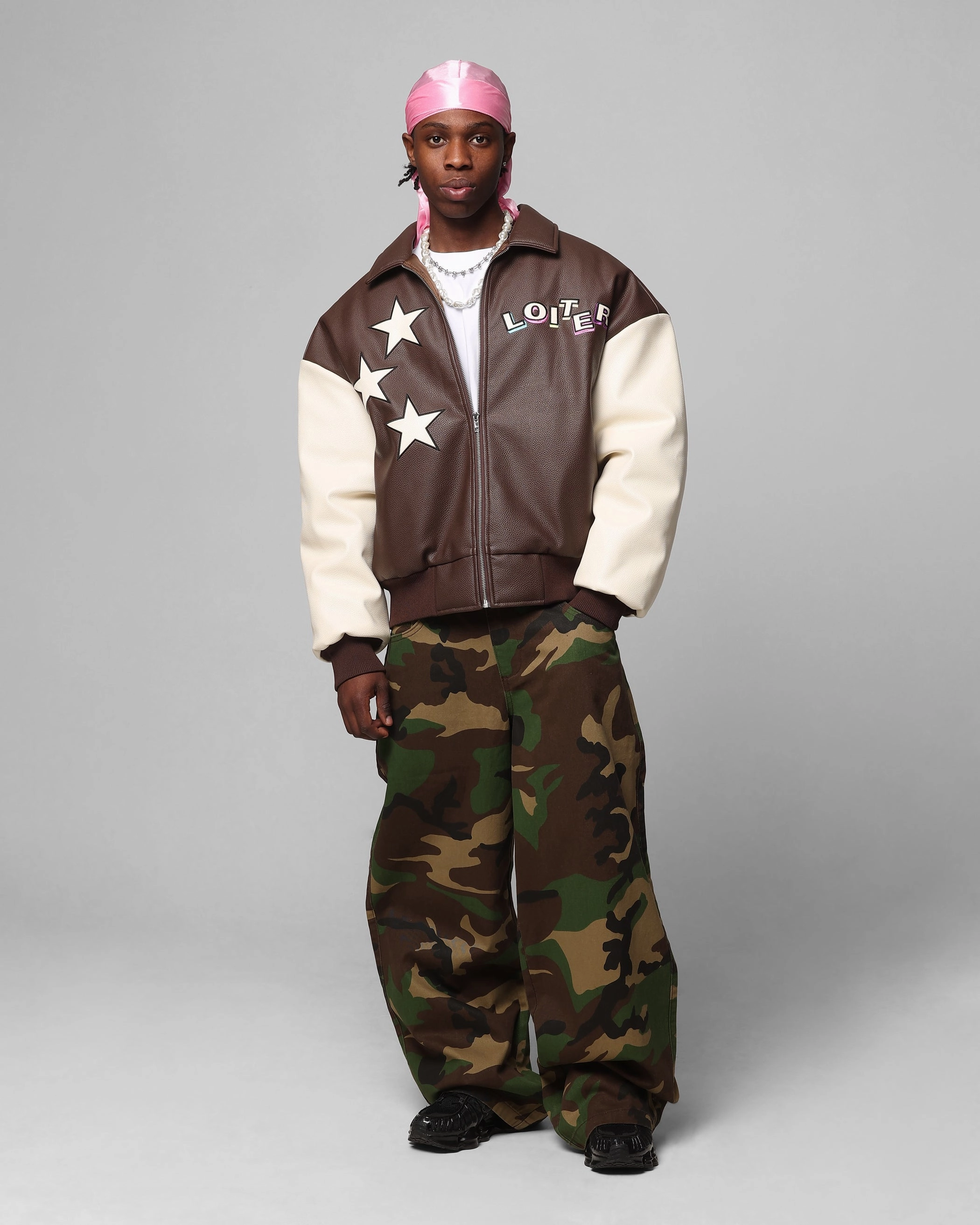 full-zip Scissors Loiter Solar Vegan Leather Varsity Jacket Brown/Beige