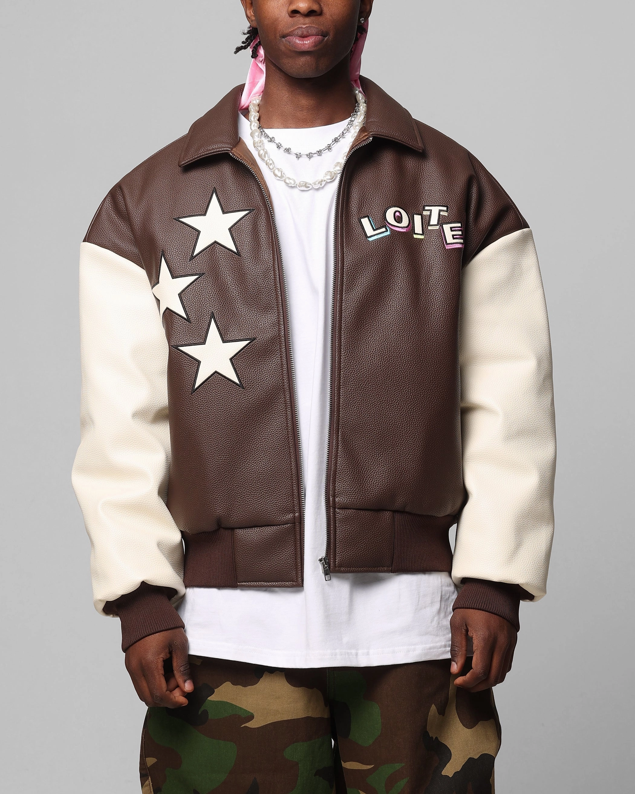 painters Loiter Solar Vegan Leather Varsity Jacket Brown/Beige