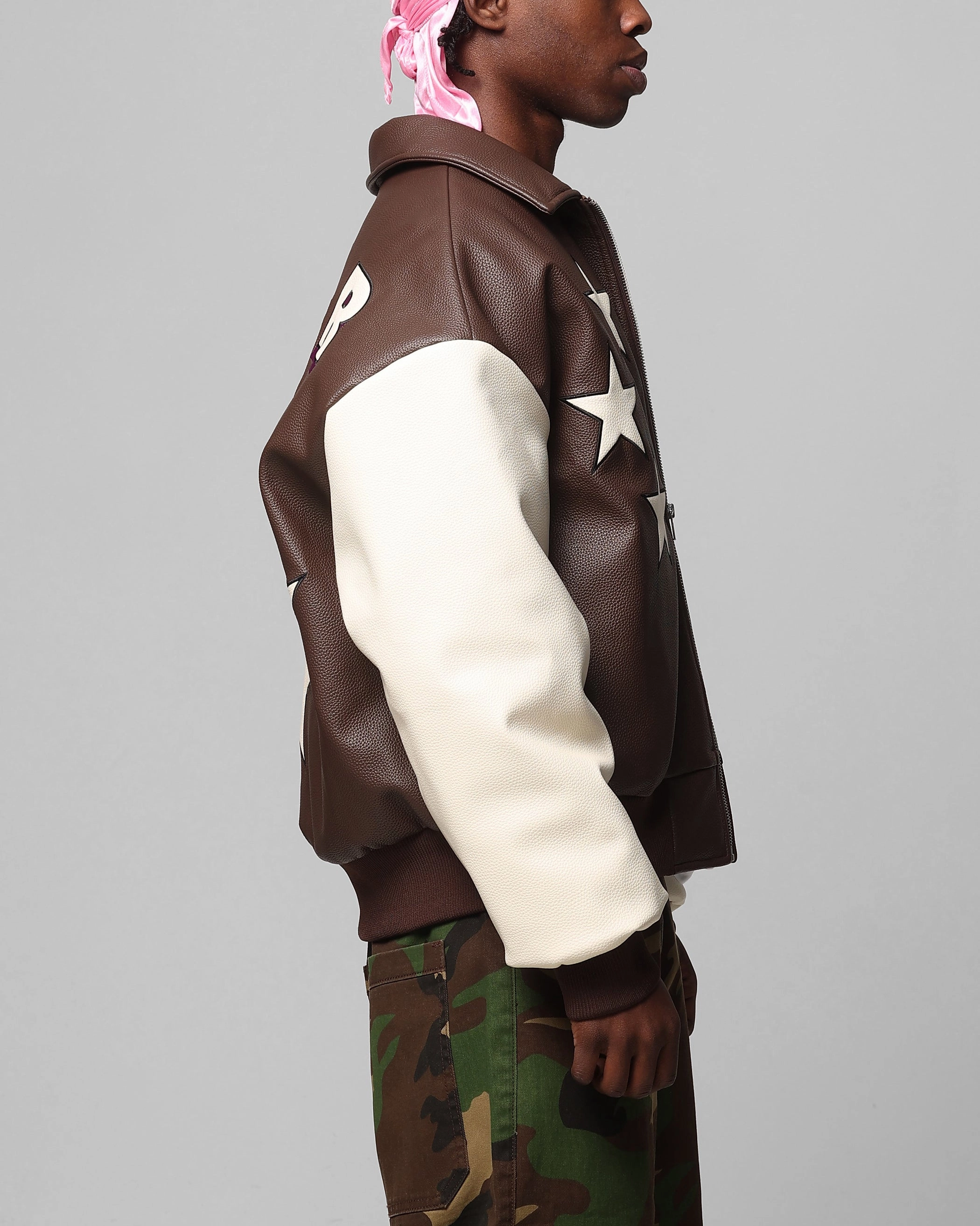 snap-up Loiter Solar Vegan Leather Varsity Jacket Brown/Beige